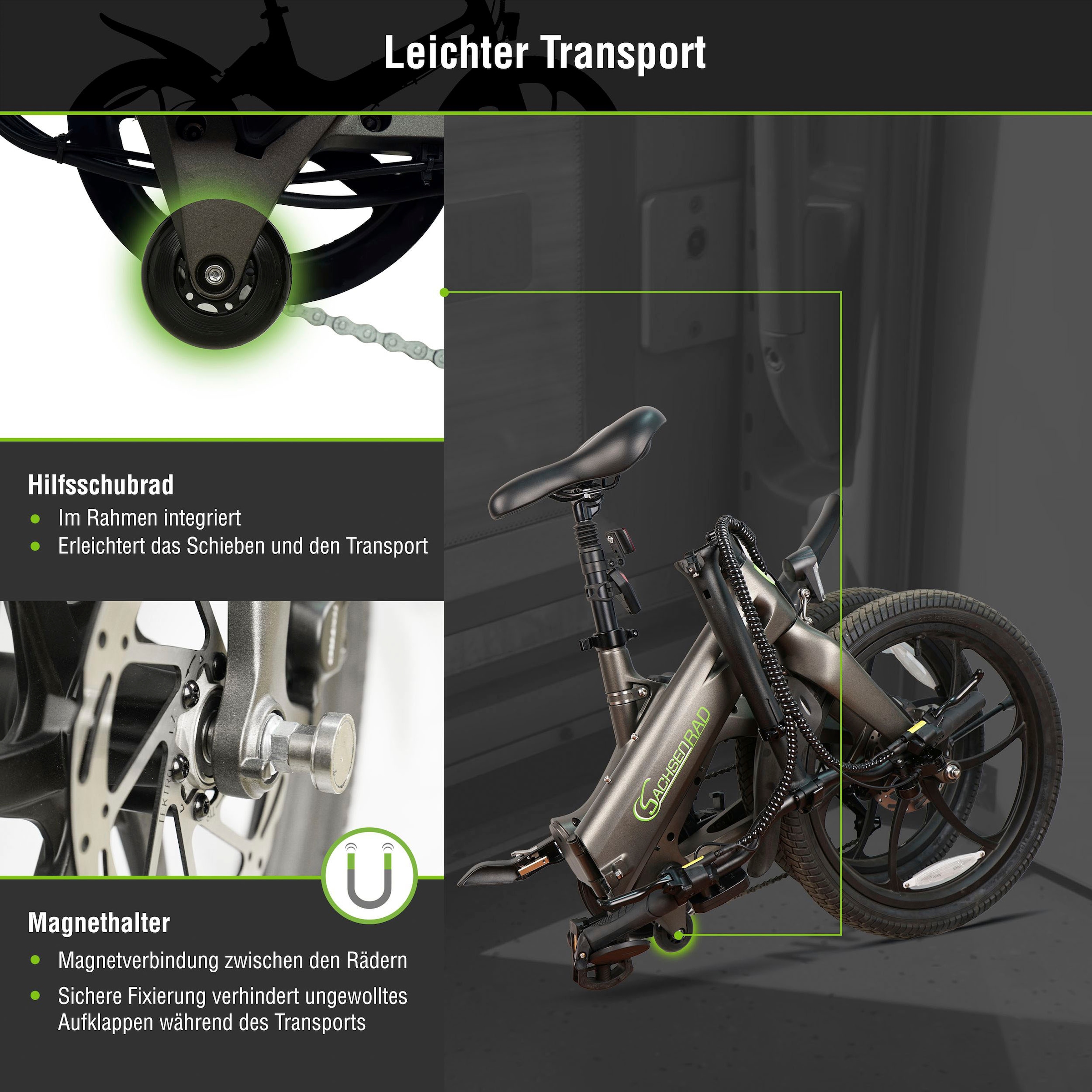 SachsenRad »F11 Pro MagPuma mit Transporttasche« 6 Gang Shimano Kettenschaltung Heckmotor 250 W mit Transporttasche, Rückspiegel, gefederte Sattelstütze