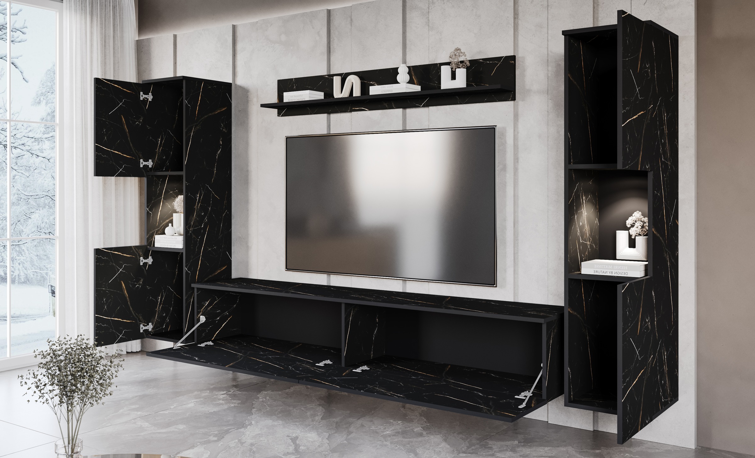 INOSIGN Wohnwand »PARIS, Vitrine Türanschlag links/rechts wechselbar«, (Komplett-Set, 4 St.), grifflose Design, stehend und hängend montierbar