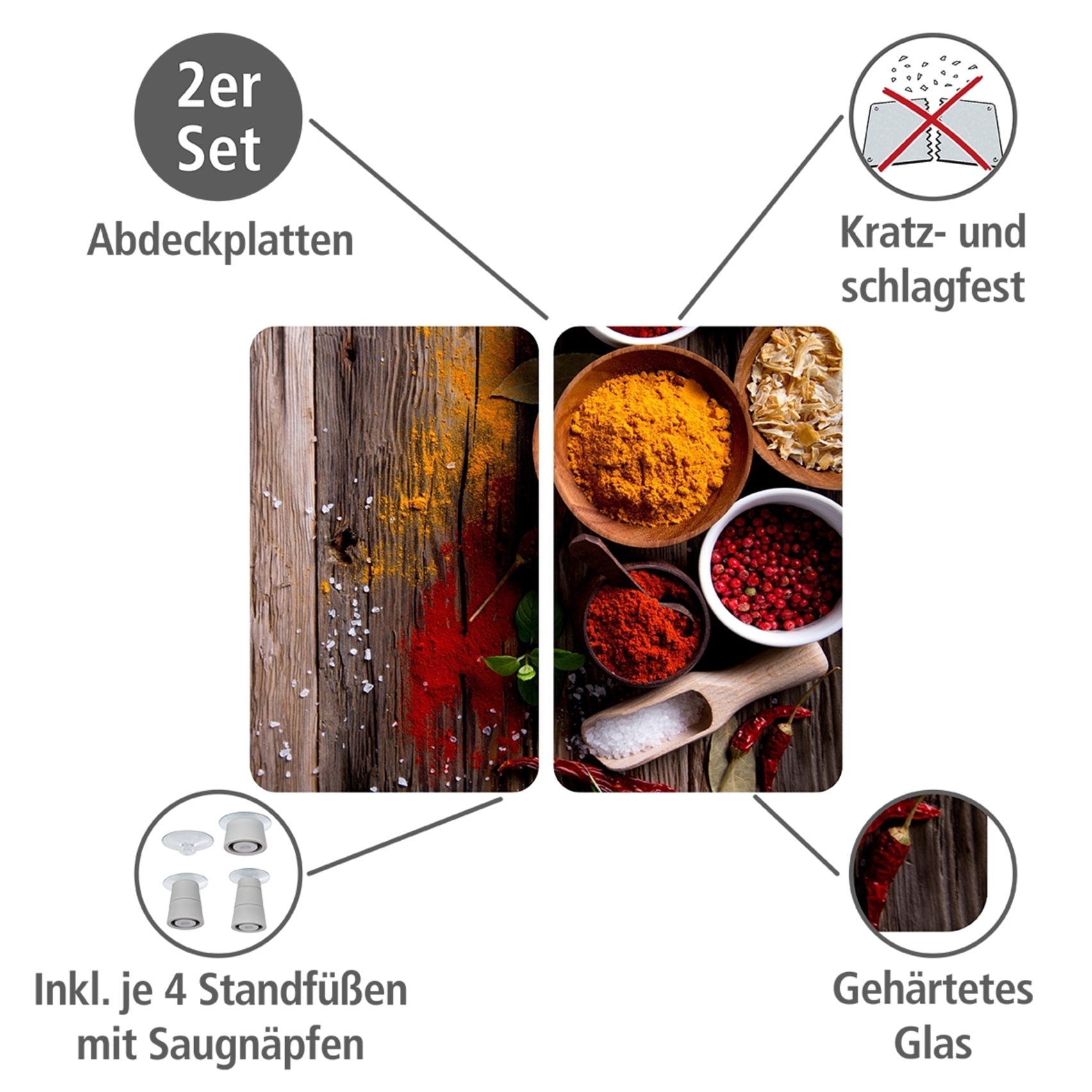 WENKO Herd-Abdeckplatte »Universal Modell Gewürze«, (Set, 2 tlg.), Herdabdeckung für alle Herdarten, kratzfest, mit rutschfesten Füßen