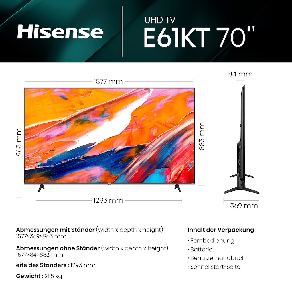 Hisense LED-Fernseher »70E61KT«, 177,8 cm/70 Zoll, 4K Ultra HD, Smart-TV, Smart-TV, Dolby Vision, Triple Tuner DVB-C/S/S2/T/T2