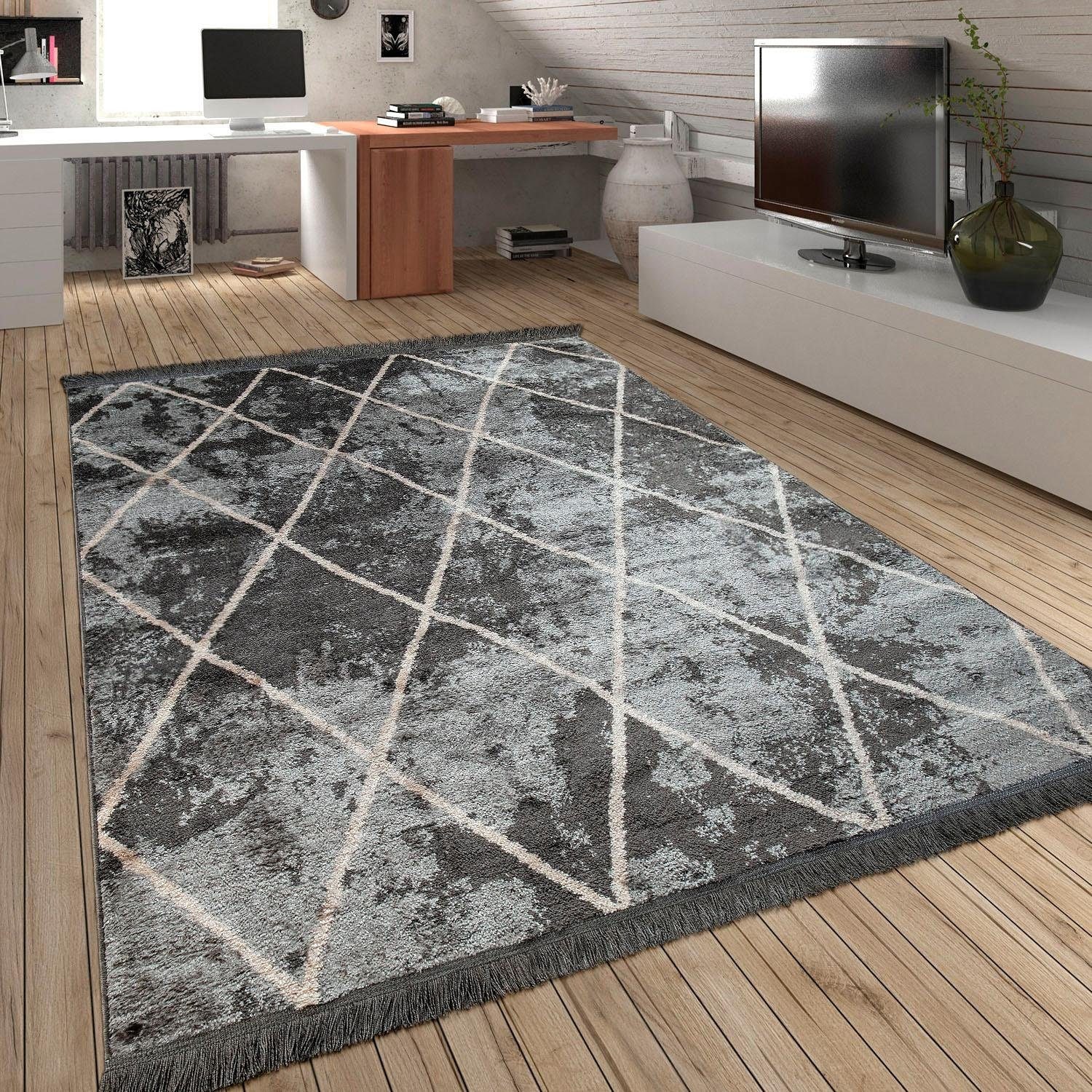 Paco Home Teppich »Kelim 315«, rechteckig, 18 mm Höhe, Scandi Design, Rauten Muster, mit Fransen