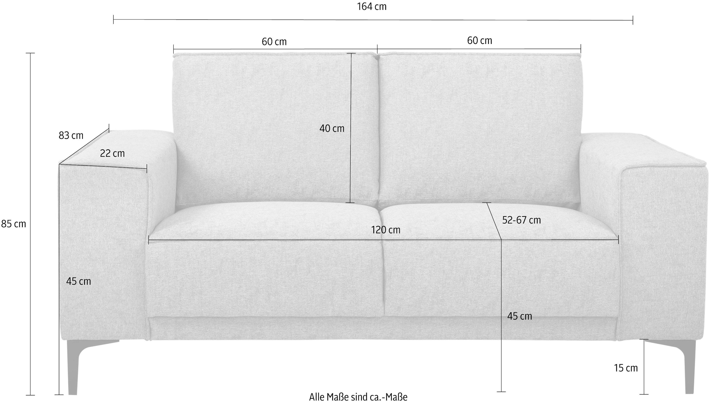 Places of Style 2-Sitzer »Kompaktsofa Oland, Struktur, Flachgewebe, Luxus-Microfaser, Boucle«, 164 cm, Wellenunterfederung, Skandi-Design, Metallfüße