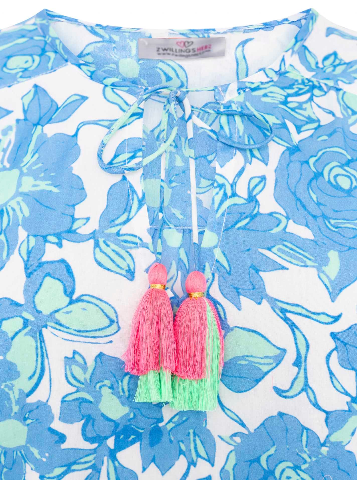 Zwillingsherz Shirtbluse »"Schmetterling"«, mit Blumenmuster, Tasseln und Pom Pom Besatz