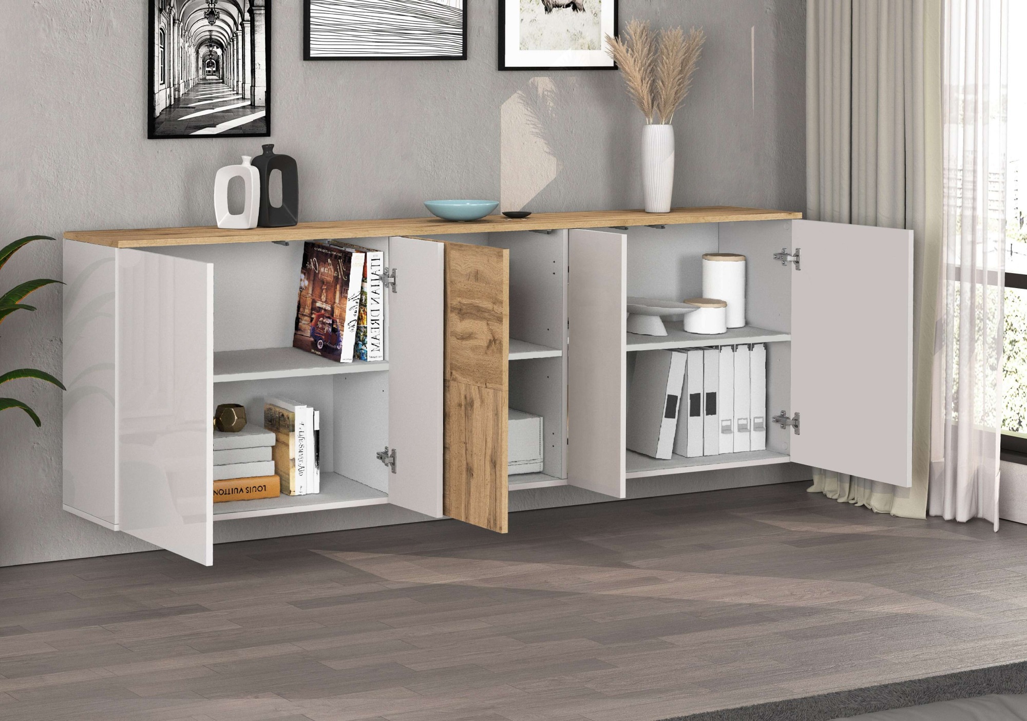 INOSIGN Sideboard »Sideboard ISEO, Kommode, Schrank, Kredenz« 1 Stk. tlg. stehend/hängend, 5 Türen HG lackiert, 6 Fächer, B 200 cm