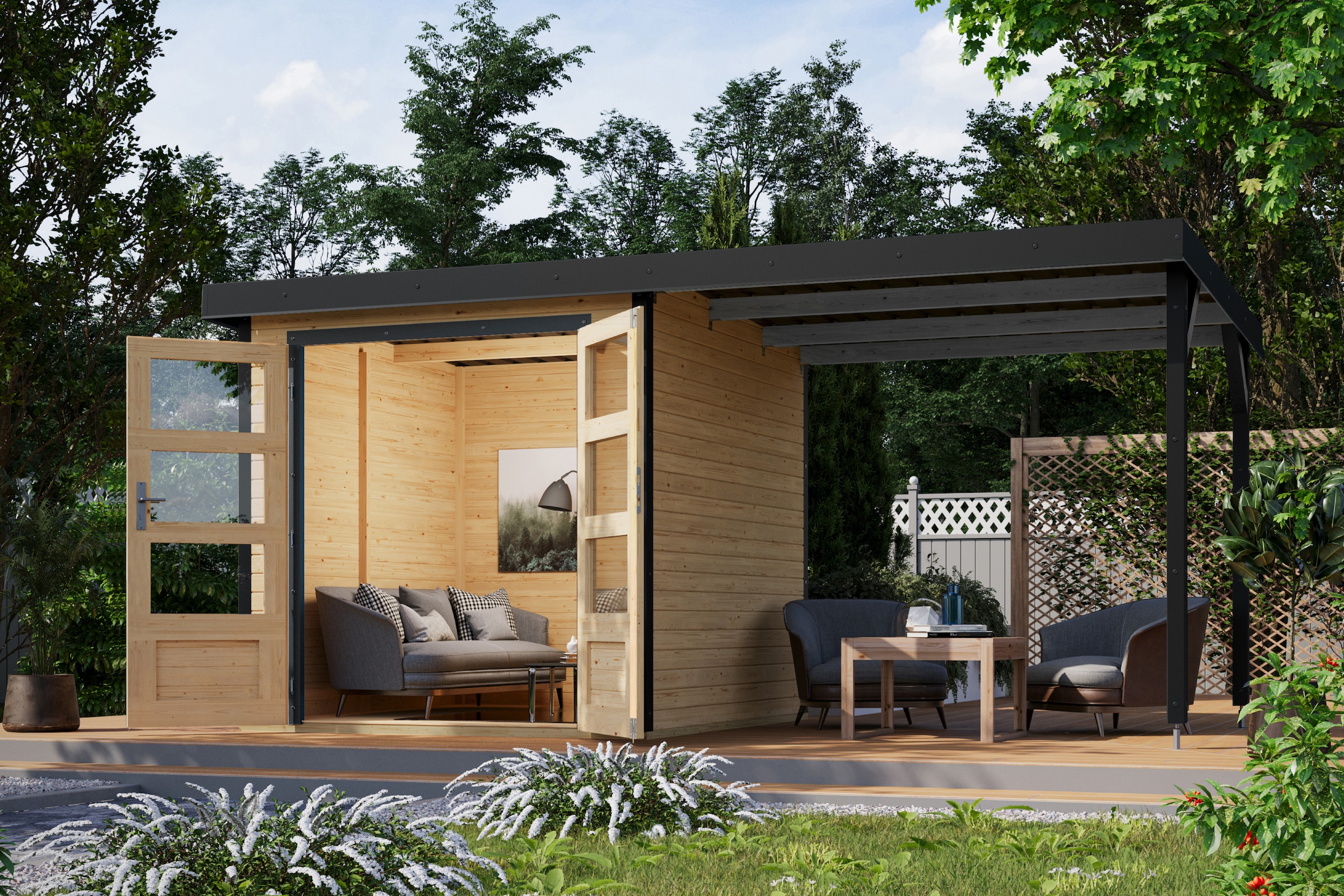 Karibu Gartenhaus »Jupiterino 2  SET, in verschiedenen Farben« inkl. Anbaudach