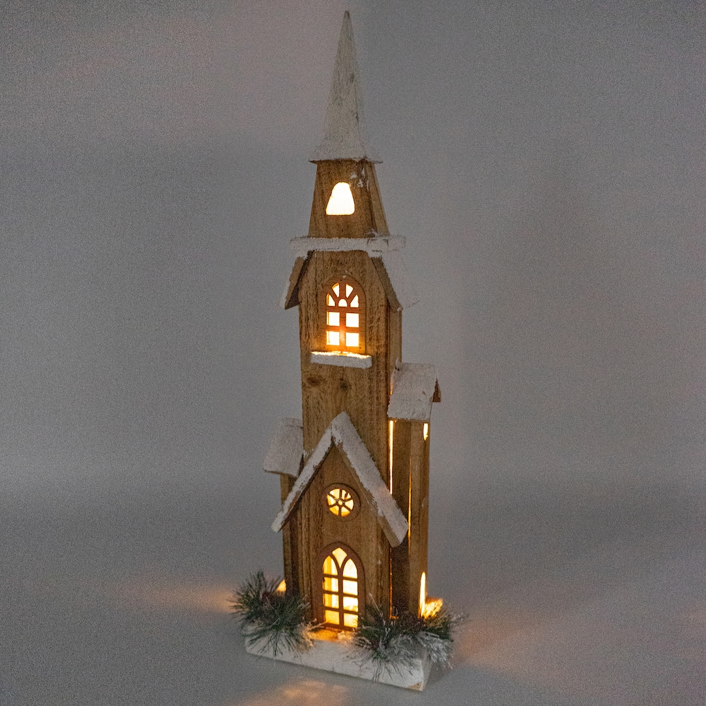 NOOR LIVING Weihnachtshaus »Weihnachtsdeko«, beleuchtete Kirche aus Naturholz, Höhe 63 cm