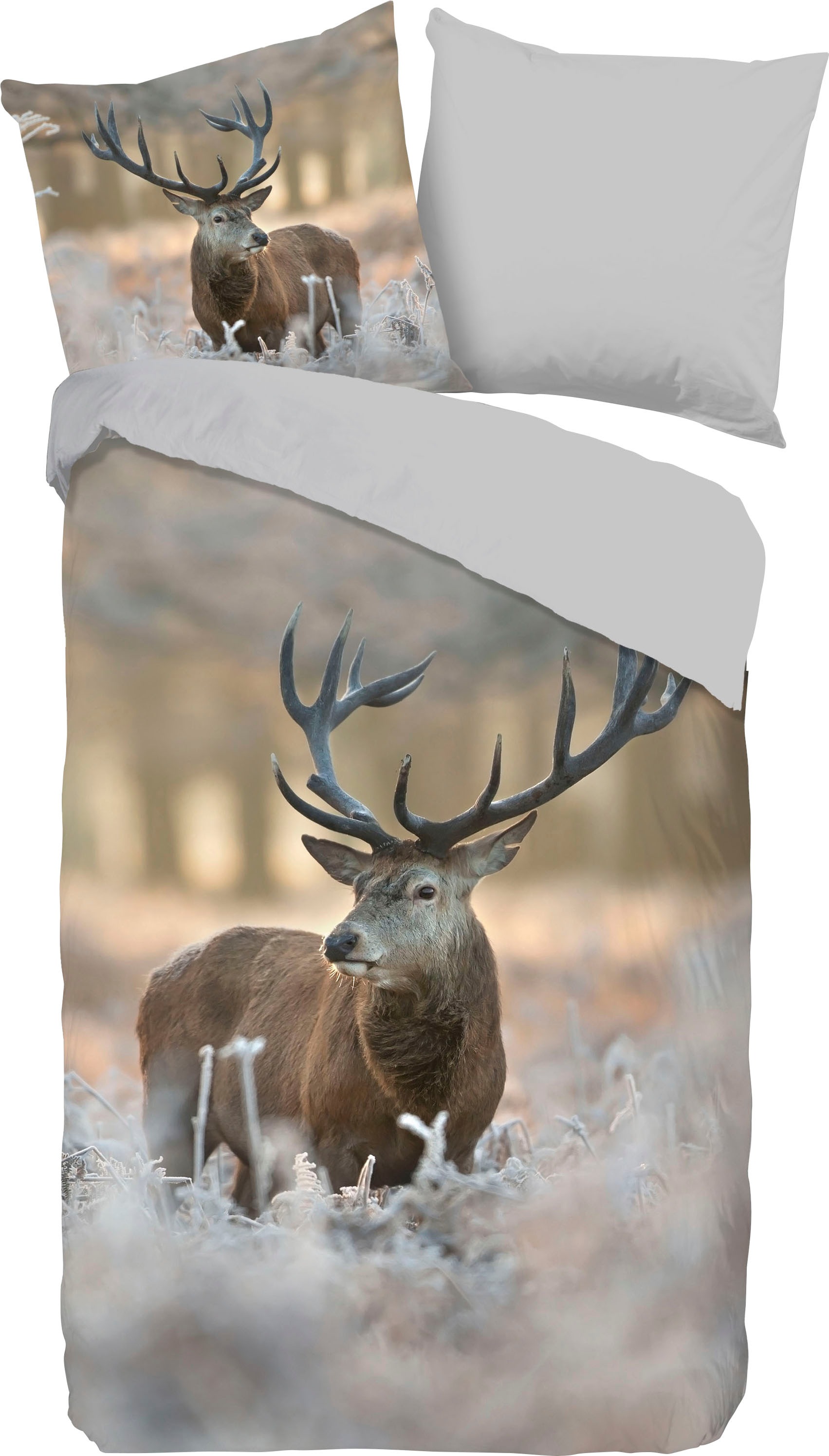 good morning Wendebettwäsche »Hirsch«, Biber, 135x200, Winter, Warm, Weich, Reißverschluss, Wendeoptik, Reh