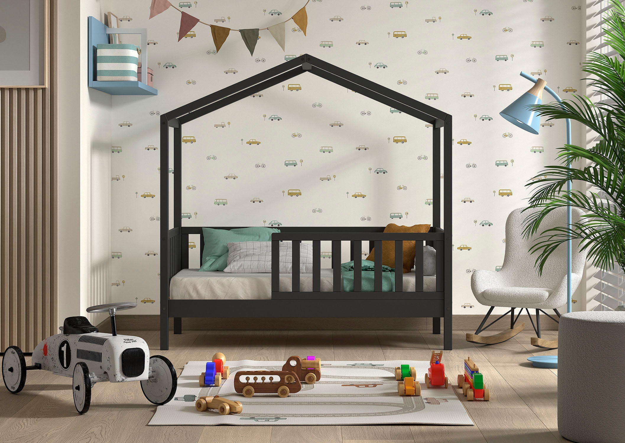 Home affaire Hausbett »Junior Hausbett 70/140, umlaufender Rausfallschutz, stabil gebaut«, (B/H/T ca. 148x150,6x75,8cm, in verschiedenen Farben erhältlich), inkl. Rolllattenrost und Dachaufbau