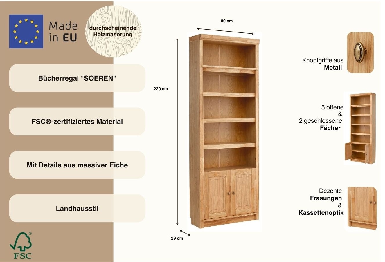 OTTO home Bücherregal »Soeren Eiche Regal B/T/H: 80/29/220 cm mit 2 Türen« mit Eiche-Elementen, FSC®-zertifiziert, insgesamt 7 Fächer
