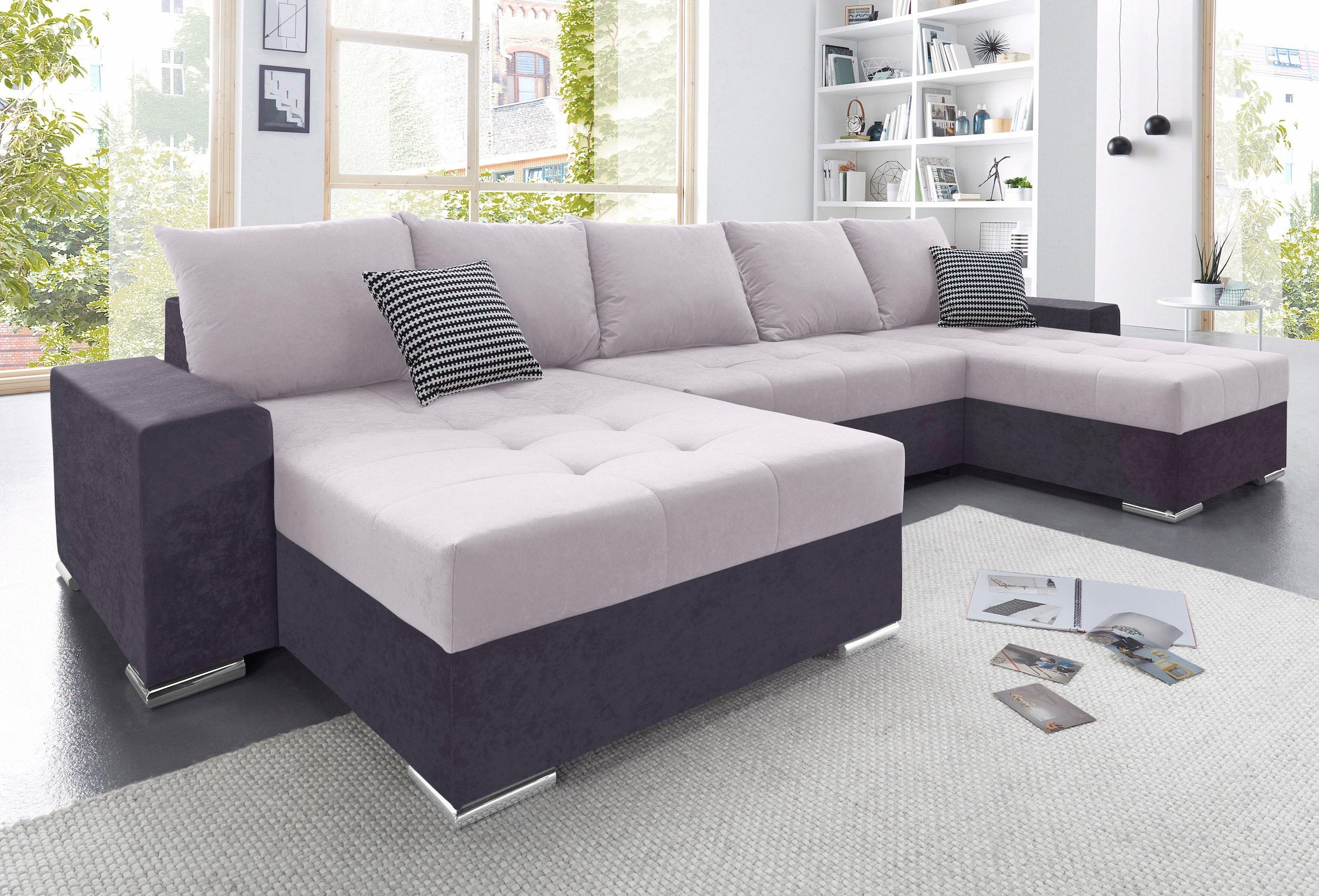 COLLECTION AB Wohnlandschaft »Josy U-Form«, inkl. Bettfunktion, Bettkasten und Zierkissen, mit XXL-Recamiere