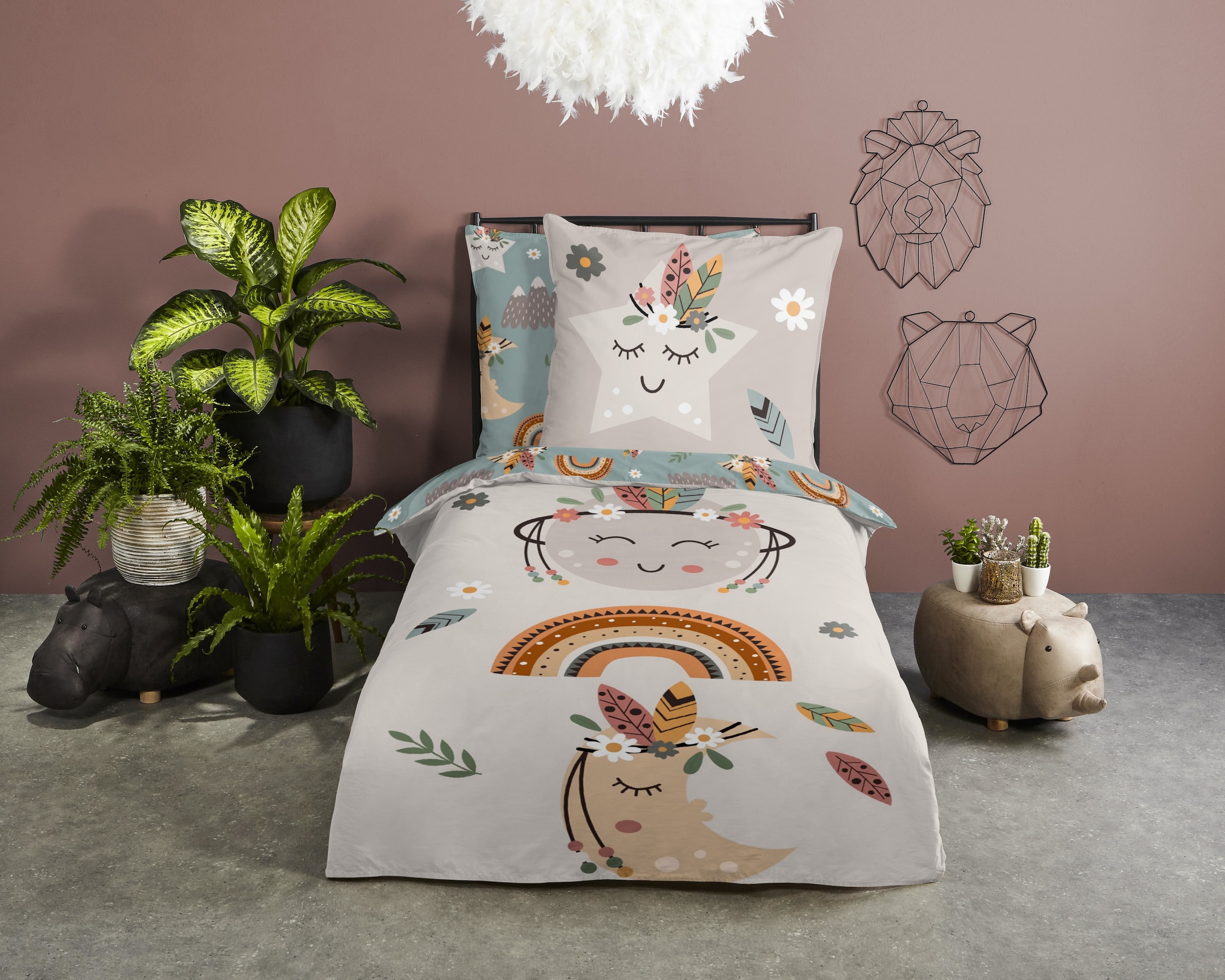 good morning Kinderbettwäsche »Momo«, Mikrofaser, 135x200, Pflegeleicht, Wendeoptik, Kind, Boho, Mond, Sand