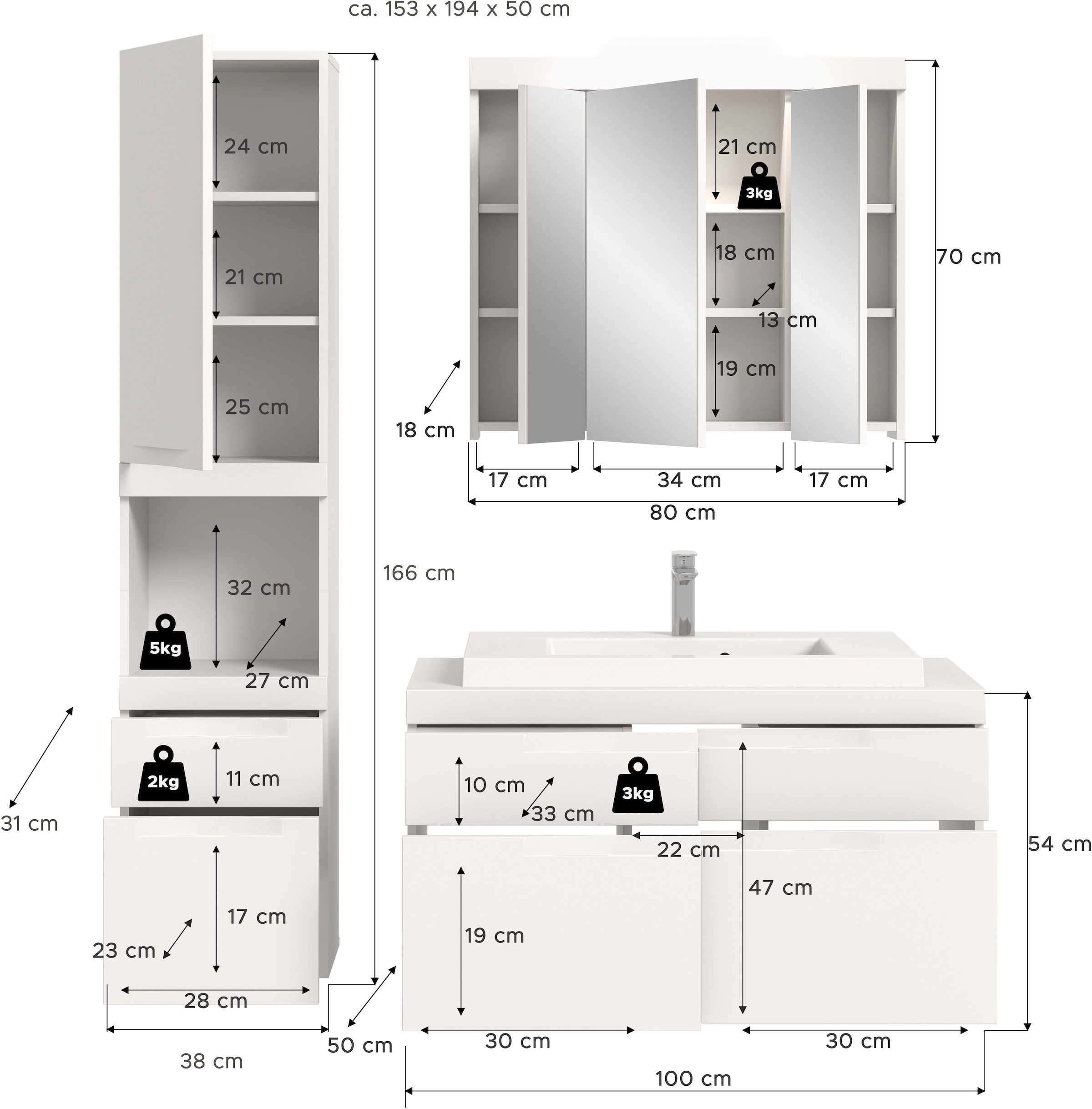 OTTO home Badmöbel-Set »MAOI, 3-tlg. Badkombi, hochwertige MDF Front, optional mit Beleuchtung«