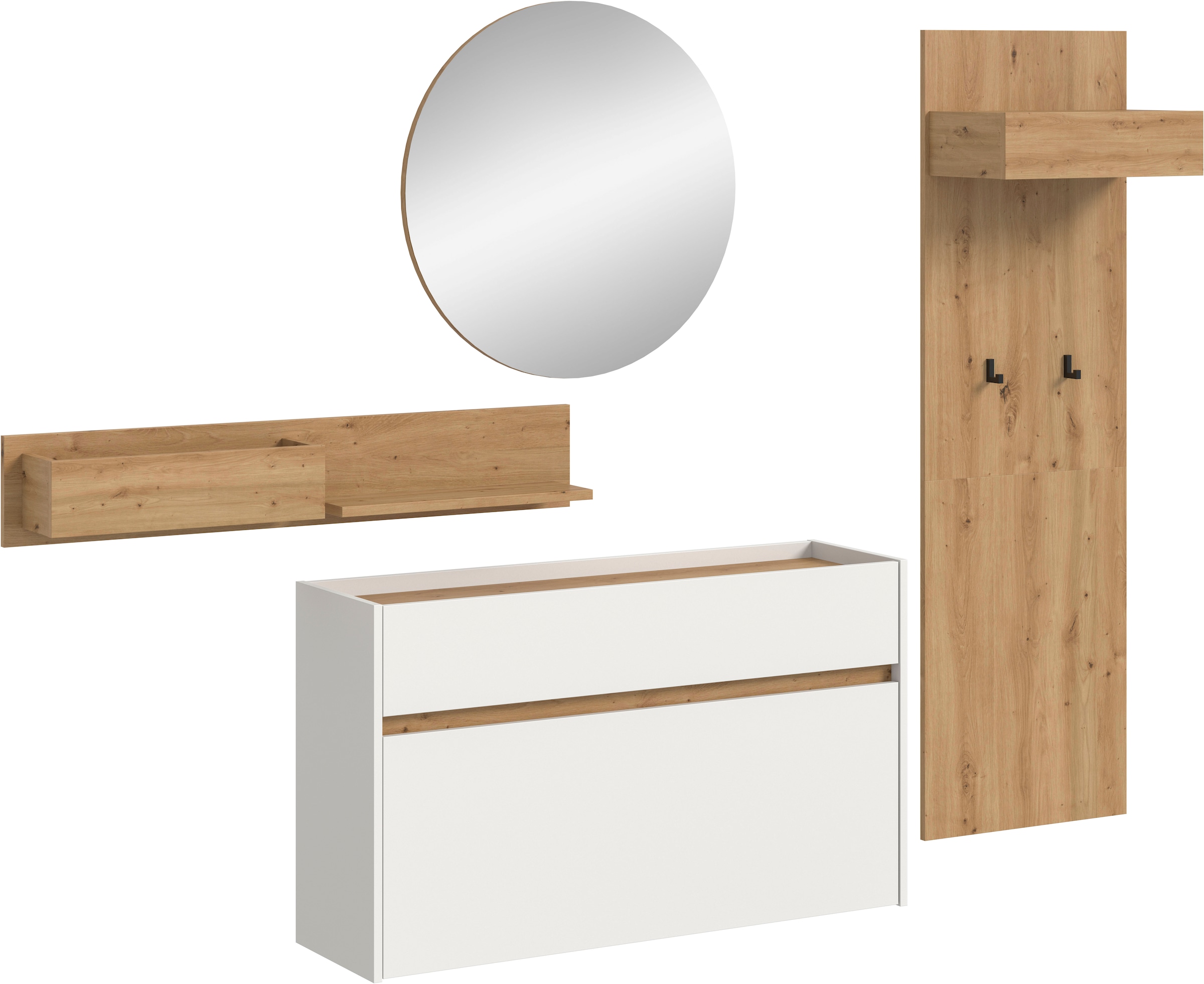INOSIGN Garderoben-Set »EVRID, 4-teilig, Breite 205 cm, individuell hängbar & erweiterbar« best. aus: Wandboard, Kommode, Spiegel, Garderobenpaneel, 4 Stk. tlg.