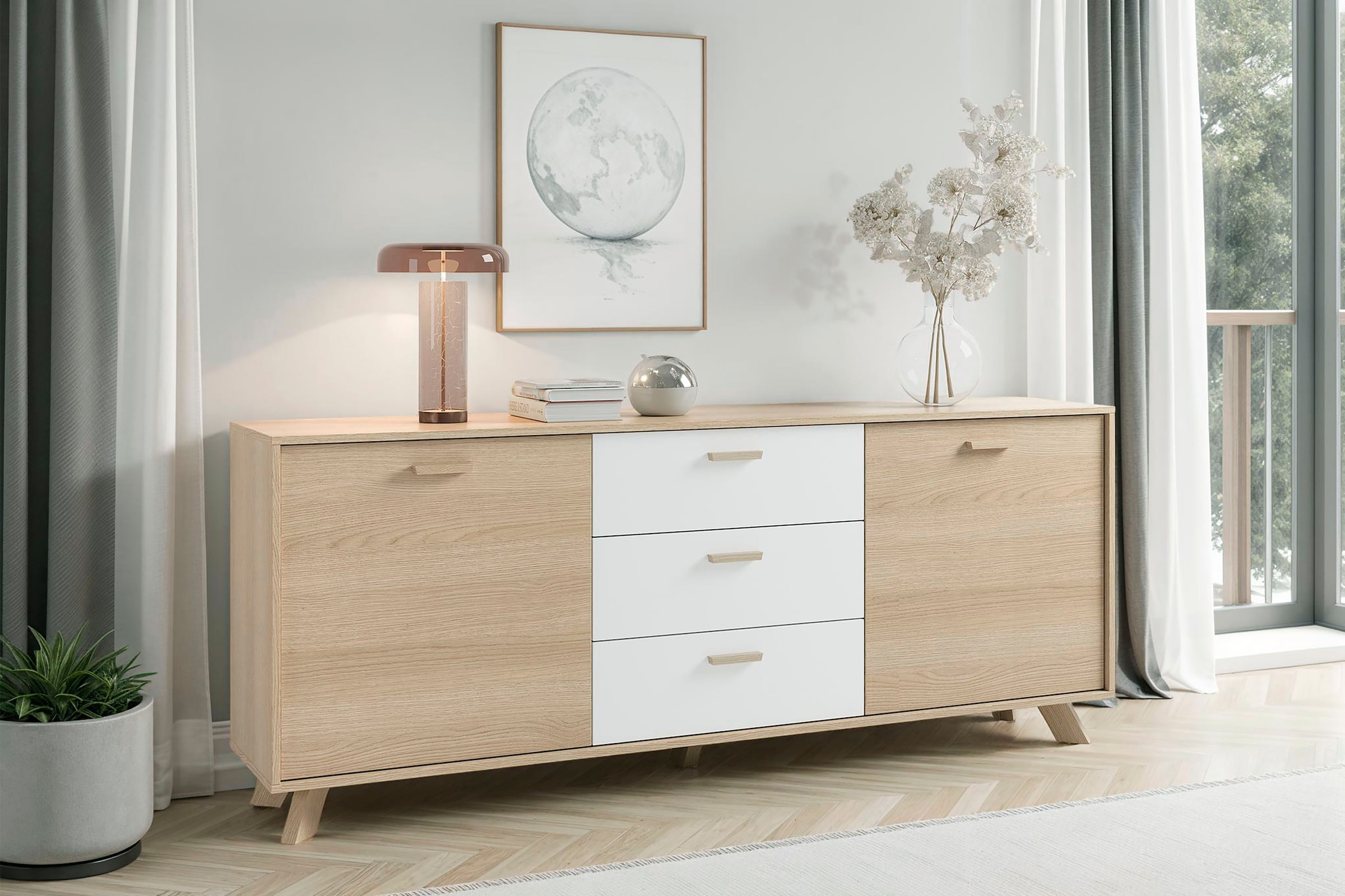 byLIVING Sideboard »Bastian« 1 Stk. tlg. mit massiven Holzfüßen und Griffen, natürlicher Eichenlook, 180cm