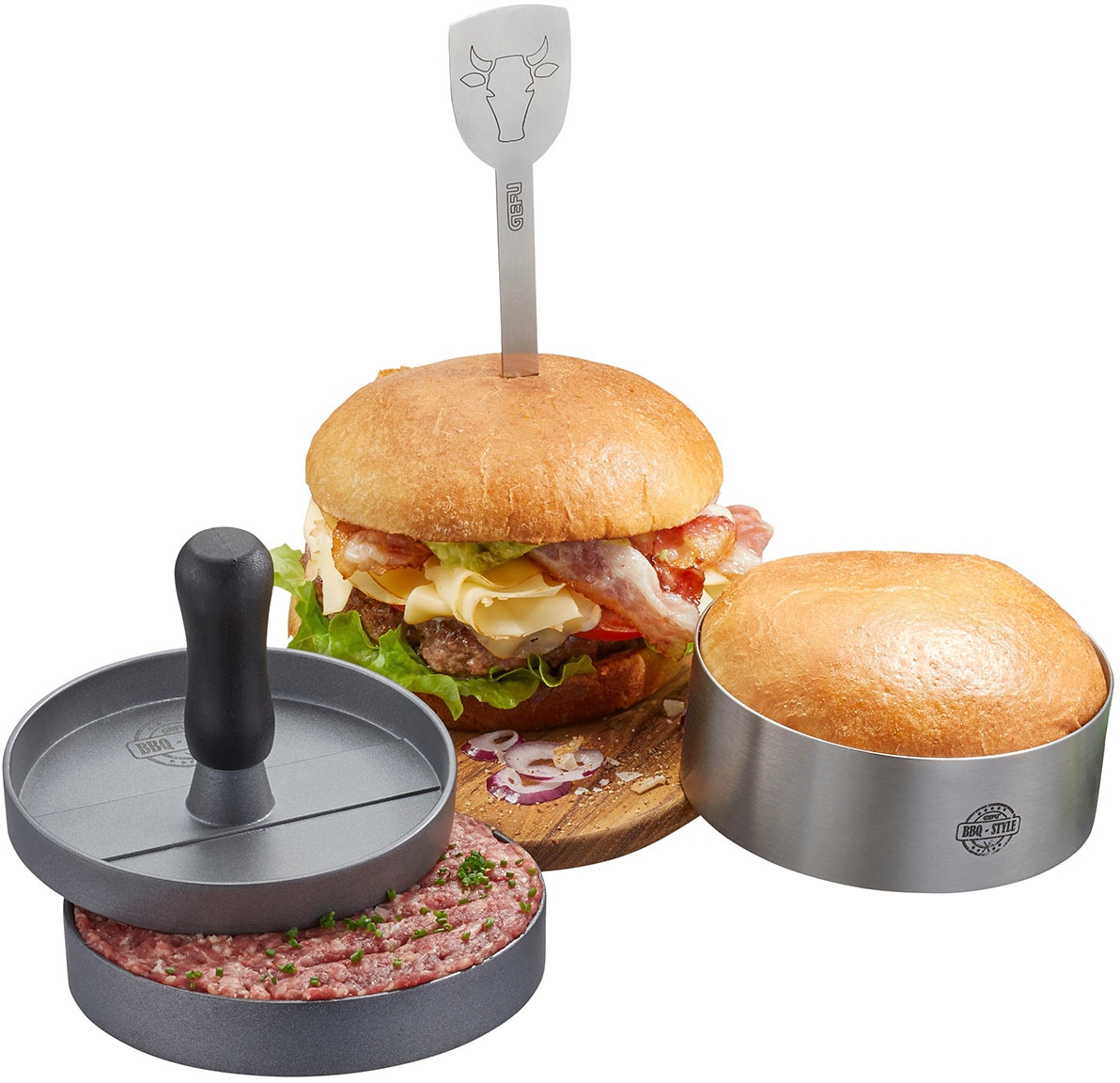 GEFU Burgerpresse »BBQ«, (3 St.), hochwertiges Edelstahl-Set für perfekte Burger, einfach zu handhaben.