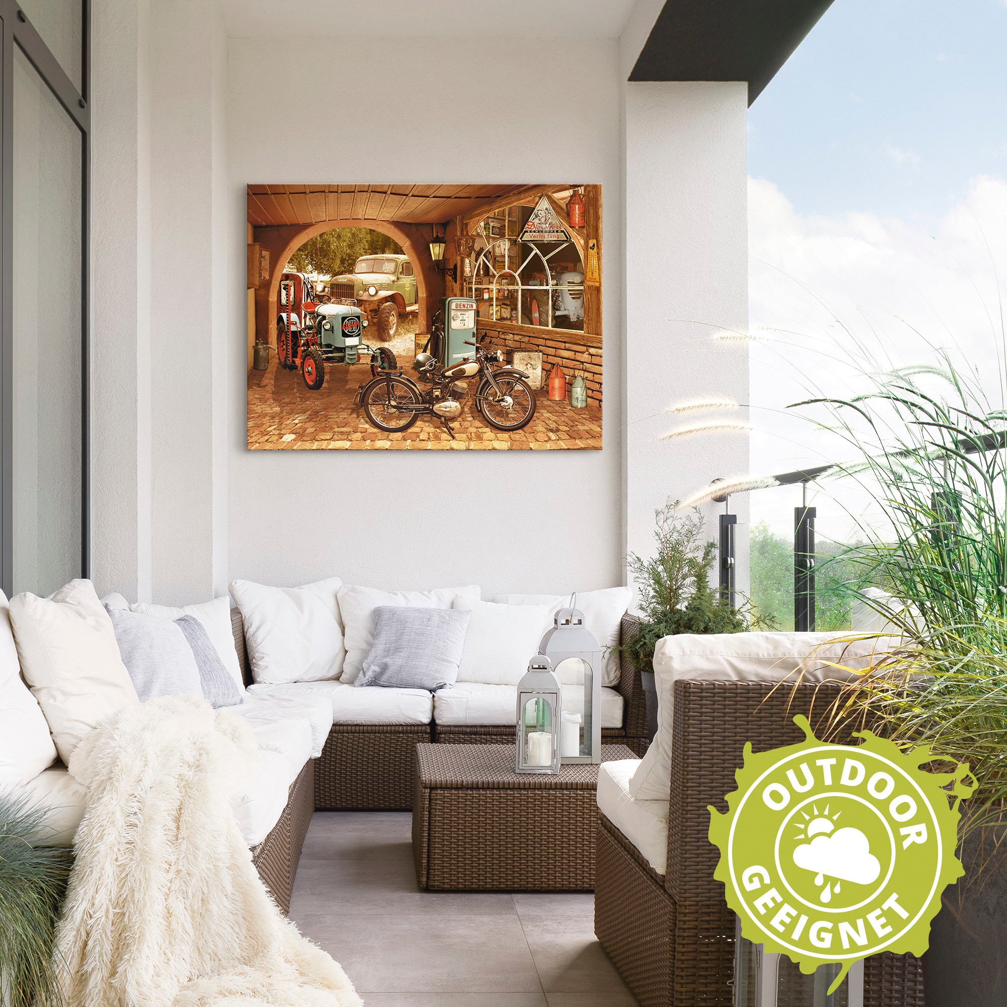 Artland Wandbild »Werkstatt mit Traktor und Motorrad«, Traktoren, (1 St.), als Alubild, Outdoorbild, Leinwandbild, Wandaufkleber, versch. Größen