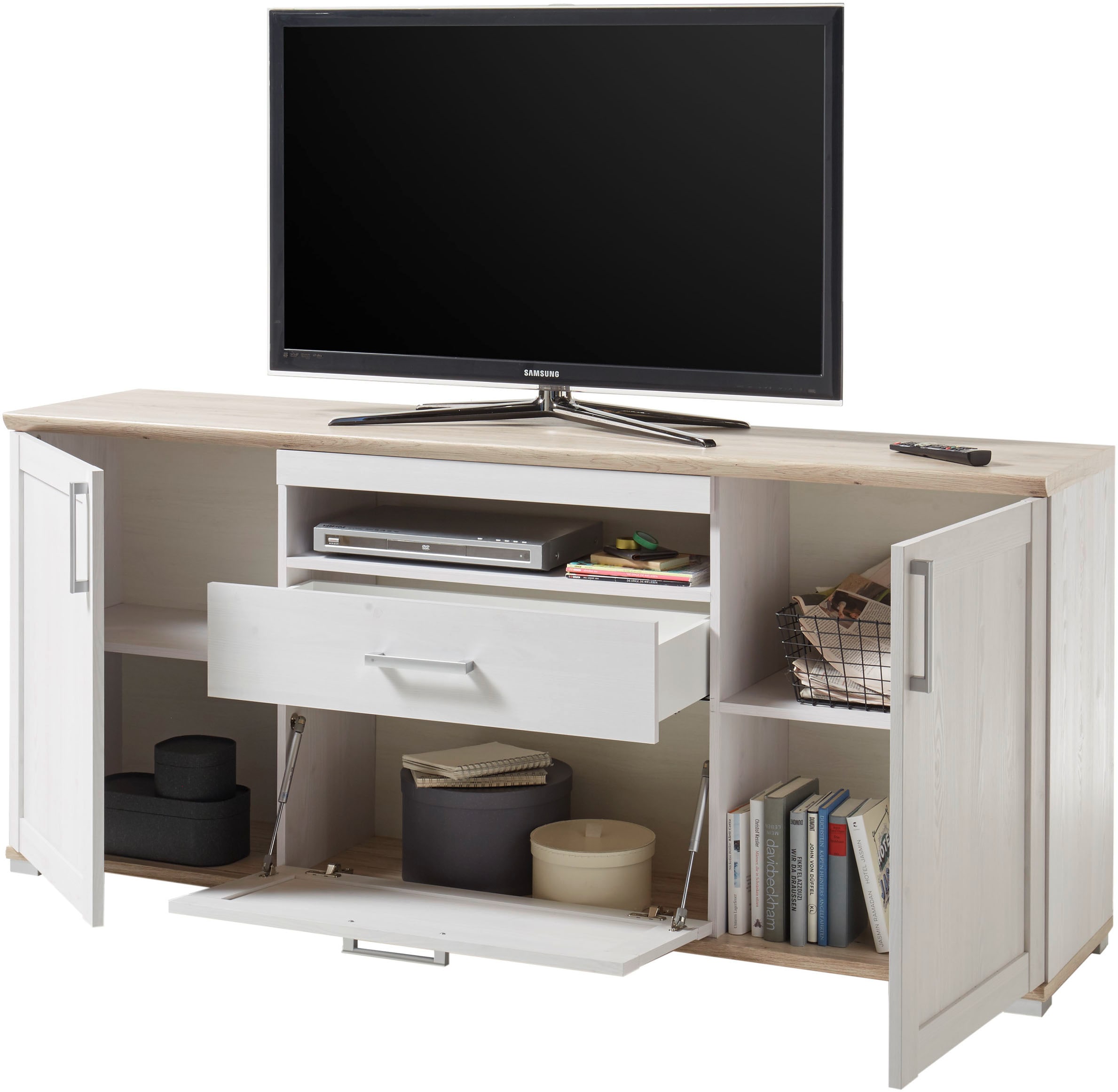 HBZ Lowboard »Romance Landhaustil, TV Möbel bis 65 Zoll, BxHxT 190x82x44 cm«, (1 St.), Mit 2 Türen, 1 offenes Fach, 1 Schubkasten und 2 Einlegeböden