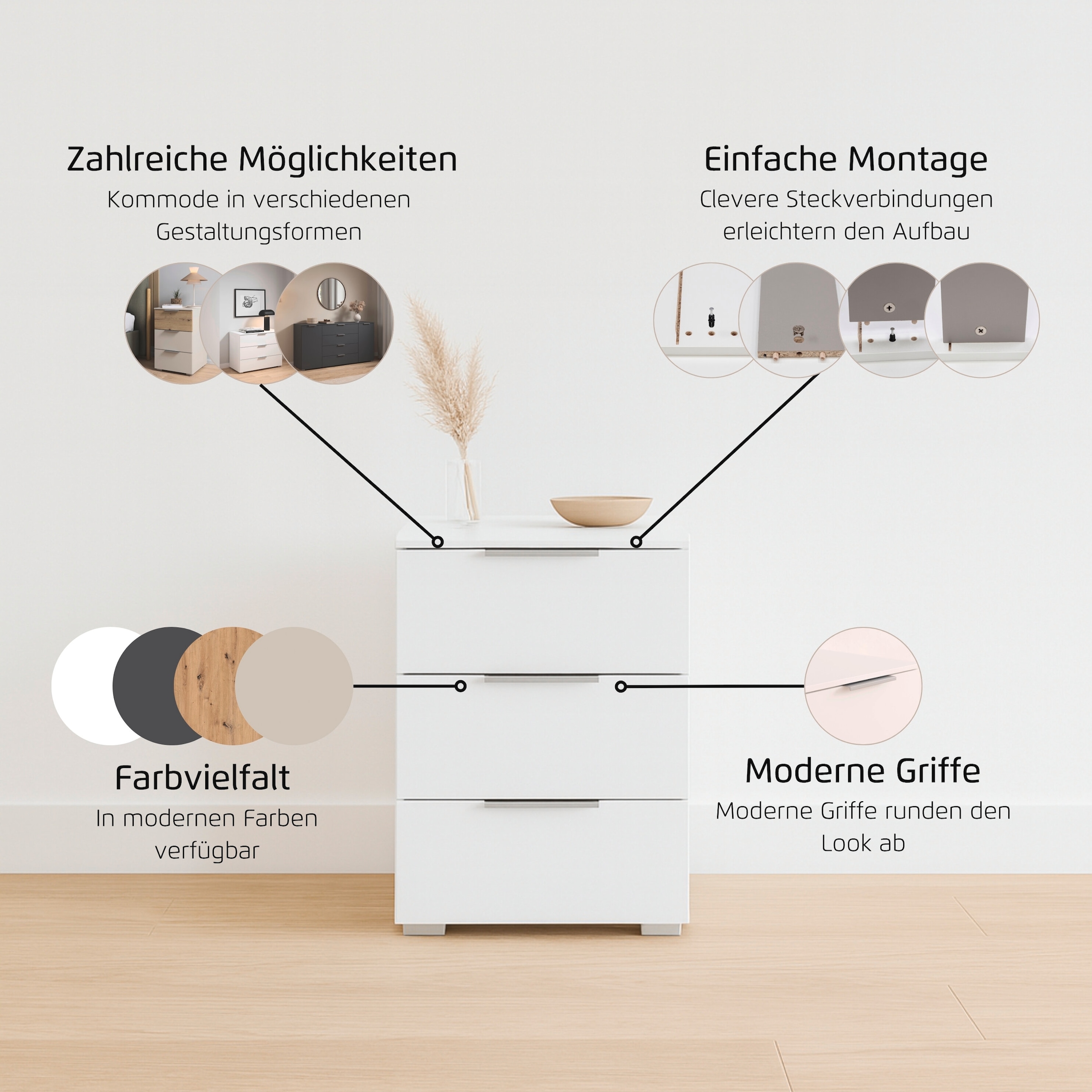 rauch Nachtkommode »Nachttisch Nachtkonsole Nachtschrank ASTANA« Breite 40 cm / Höhe 61 cm,  mit 3 geräumigen Schubladen, Kantengriff in Alufarben MADE IN GERMANY
