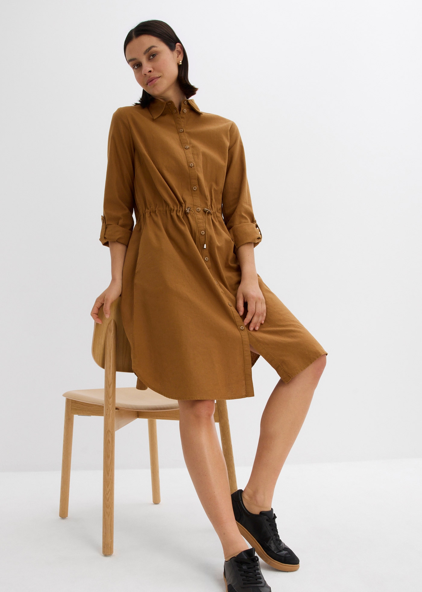 bonprix Midikleid »Hemdblusenkleid aus Leinen-Baumwoll-Mix« 1 tlg. für lässigen Look, aus Leinen-Baumwoll-Mix, in A-Linie, mit Taschen
