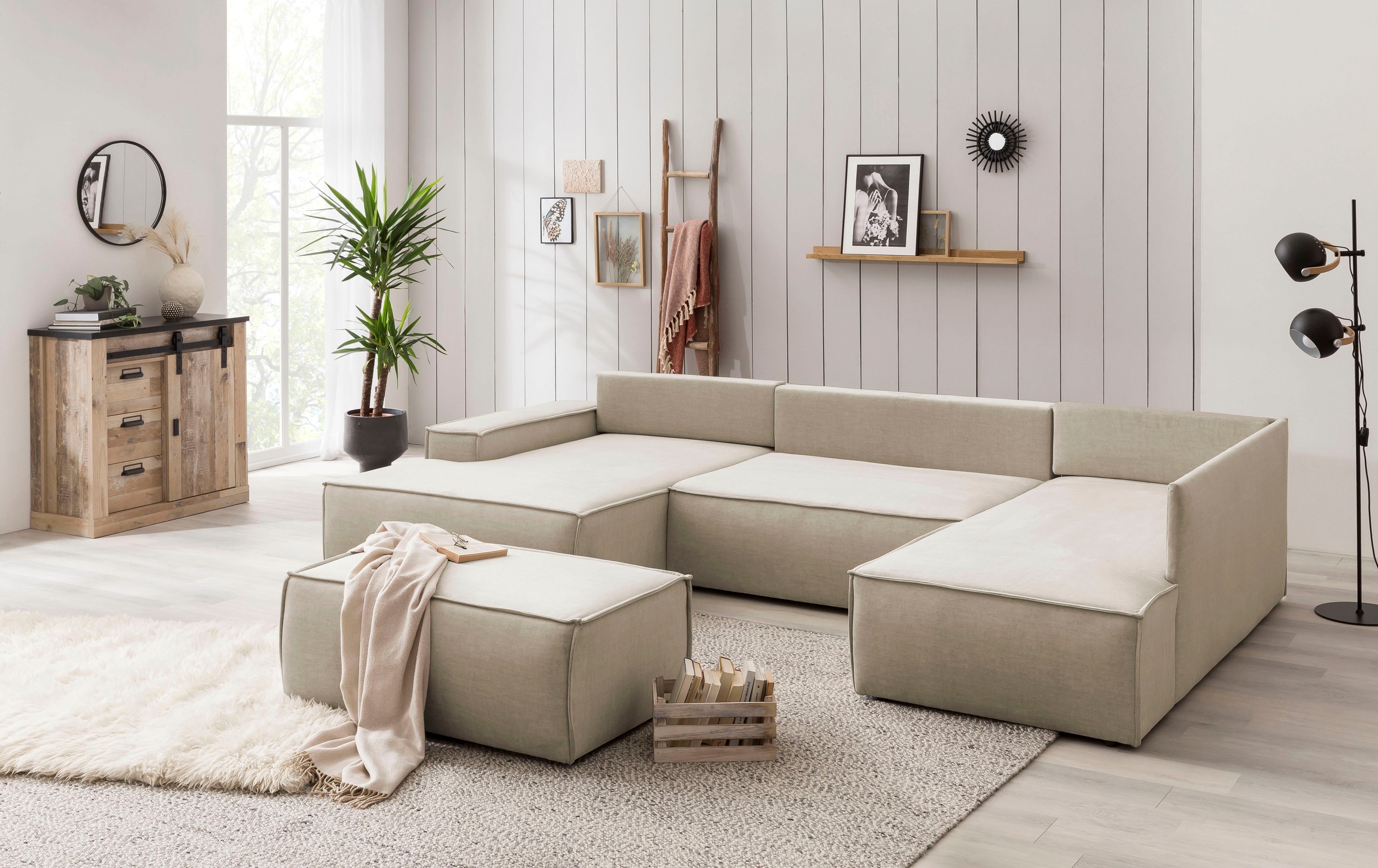 Home affaire Wohnlandschaft »SHERWOOD 329 cm, U-Form, Schlafsofa,«, Schlaffunktion m. Bettkasten (194x139 cm), Cord, Vintage, Samtvelours