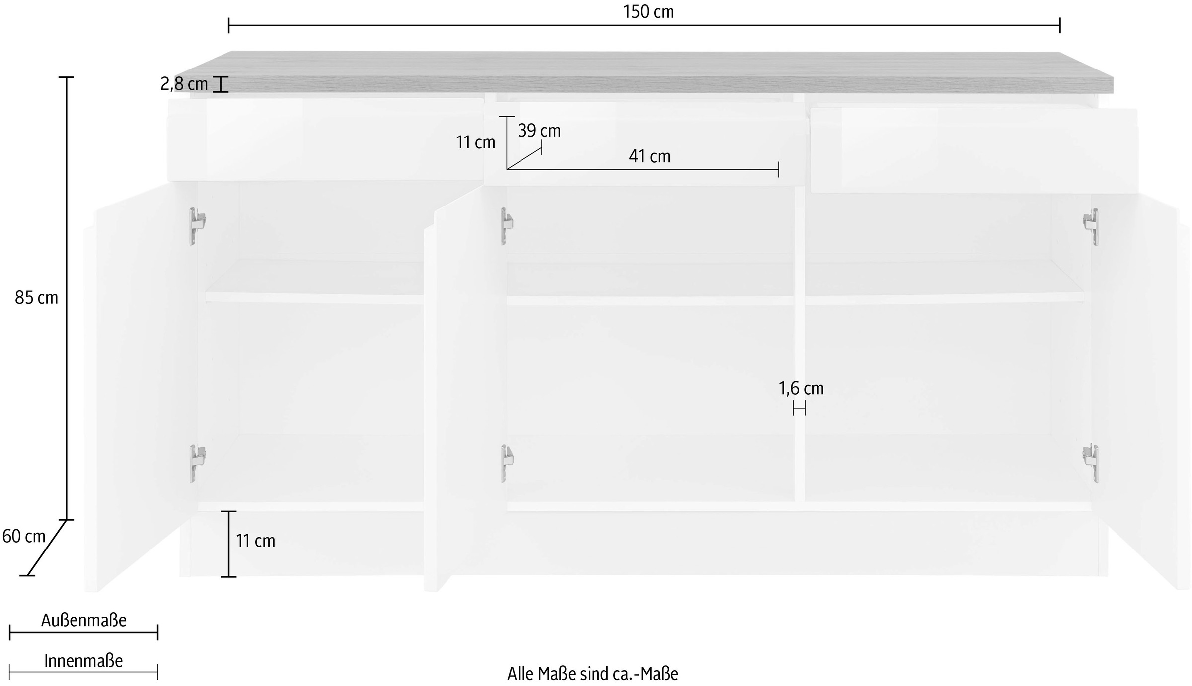 KOCHSTATION Unterschrank »KS-Virginia«, 85 cm hoch, 150 cm breit, 3 Schubladen, 3 Türen, griffloses Design