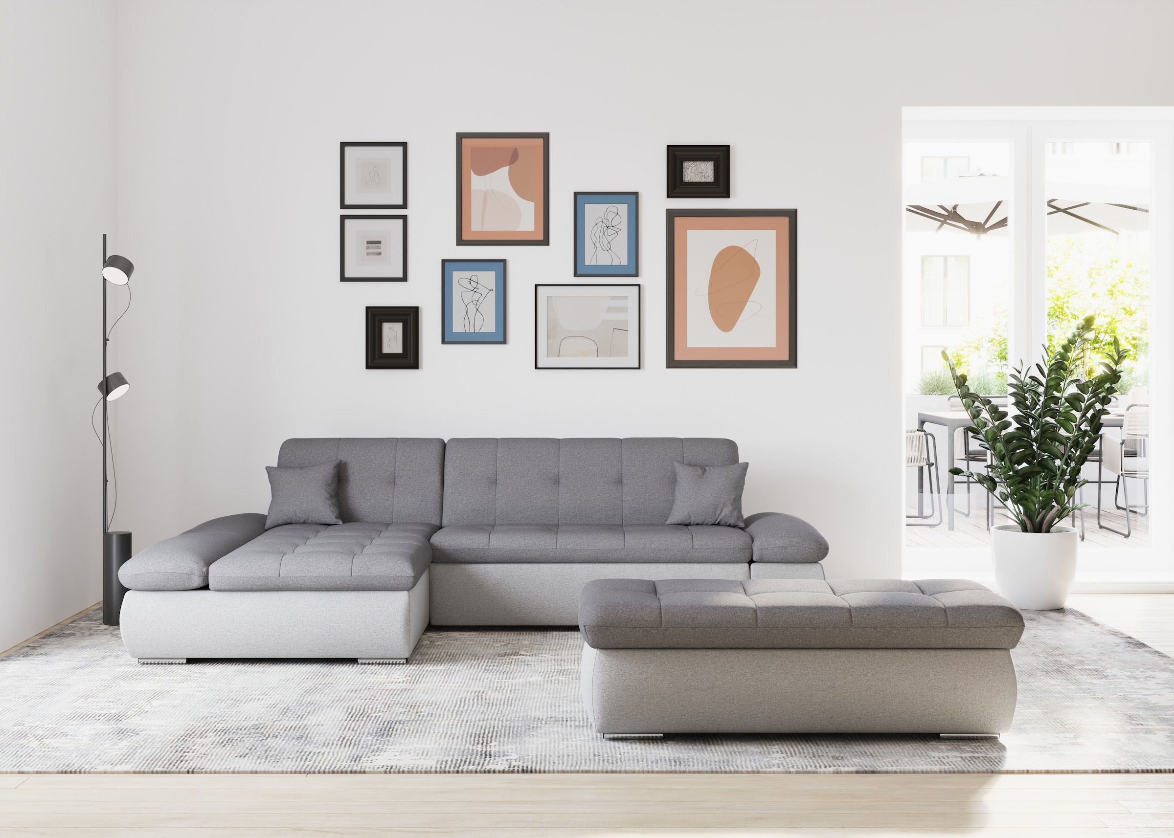 DOMO collection Ecksofa »Moric, L-Form, XXL-Sofa - Breite 300cm«, wahlweise mit Bettfunktion und Armteilverstellung, silber/grau
