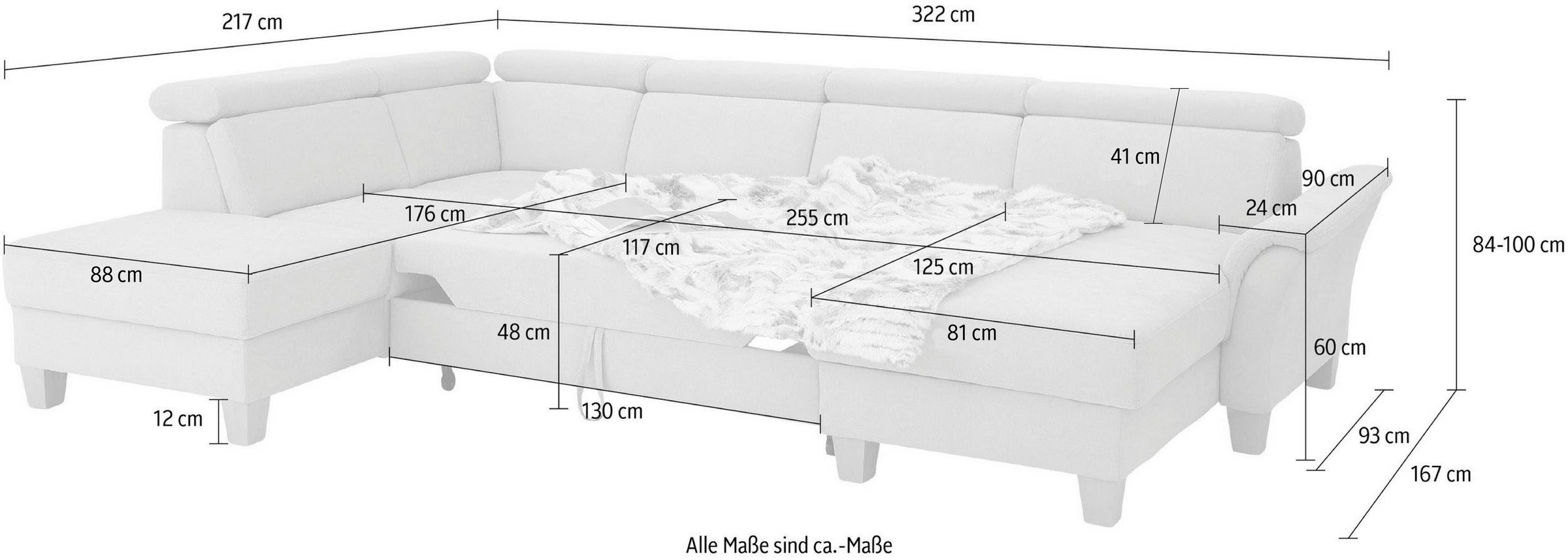 Home affaire Wohnlandschaft »Conville U-Form«, Kopfteilverstellung wahlweise mit Bettfunktion und Bettkasten