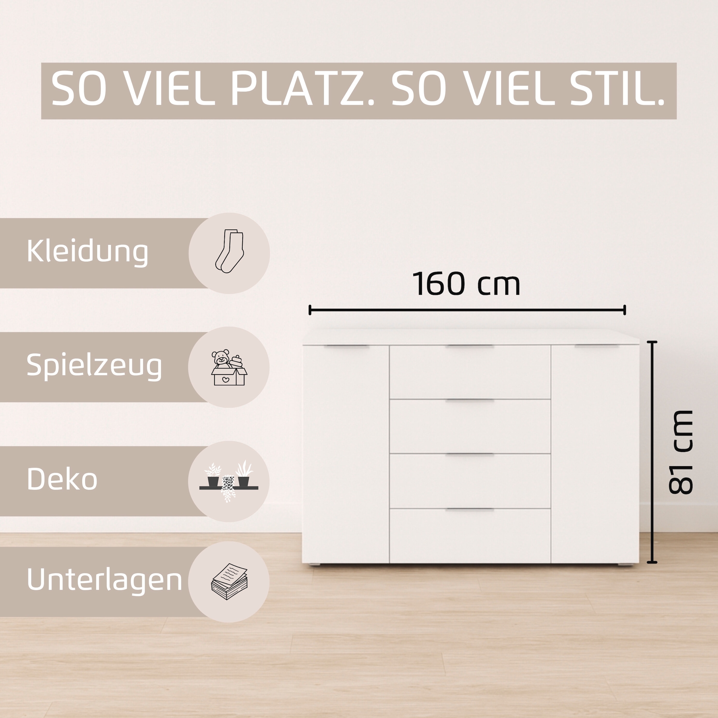 rauch Kombikommode »Sideboard Türkommode Schubladenkommode Kommode ASTANA« Breite 160 cm / Höhe 81 cm, mit 4 Einlegeböden,  2-türig, 4 geräumige Schubladen, Kantengriff Alufarben MADE IN GERMANY