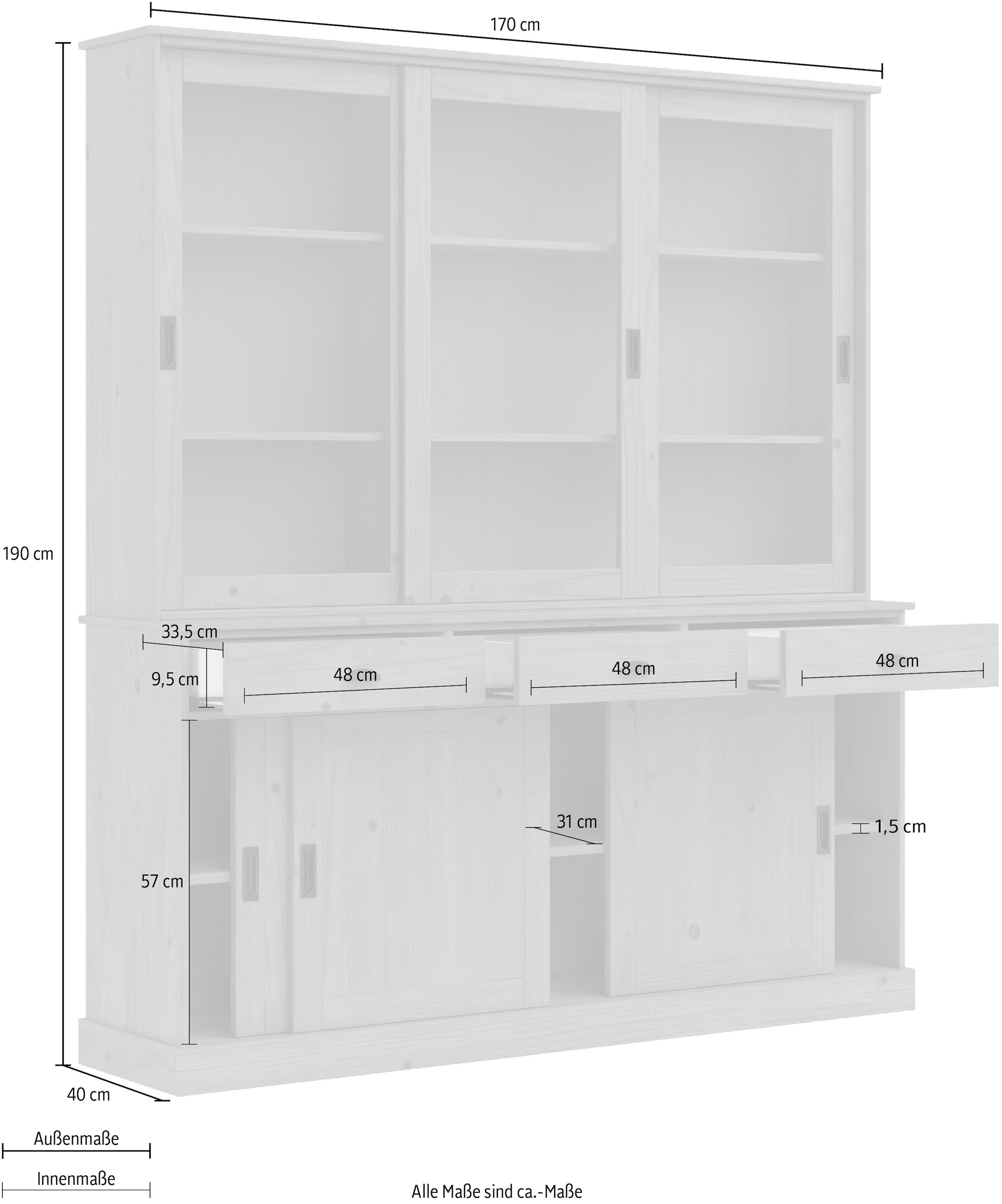Home affaire Buffet »Schröder«, mit 6 Schiebetüren, davon 3 mit Glaseinsatz,Br.170 cm, Kiefer massiv