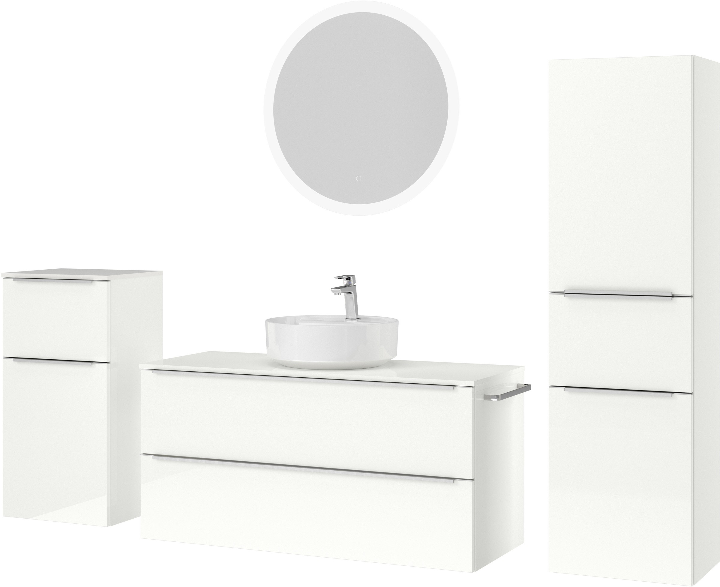 nobilia® Badmöbel-Set »Alvene«, (4 St., vormontiert, mit Soft-Close), Hochglanz, inkl. Spiegel mit Touch-Sensor, in vier Breiten
