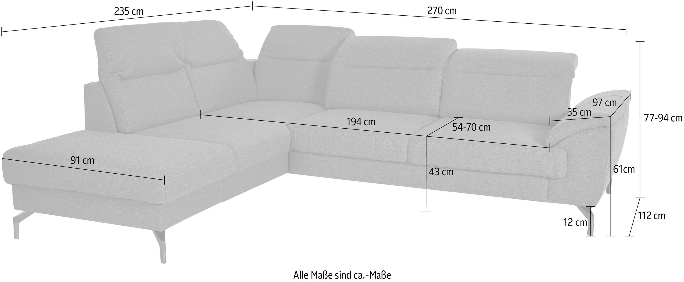 sit&more Ecksofa »Percy L-Form«, 12 cm Fußhöhe, Sitztiefenverstellung, wahlweise in 2 Fußfarben