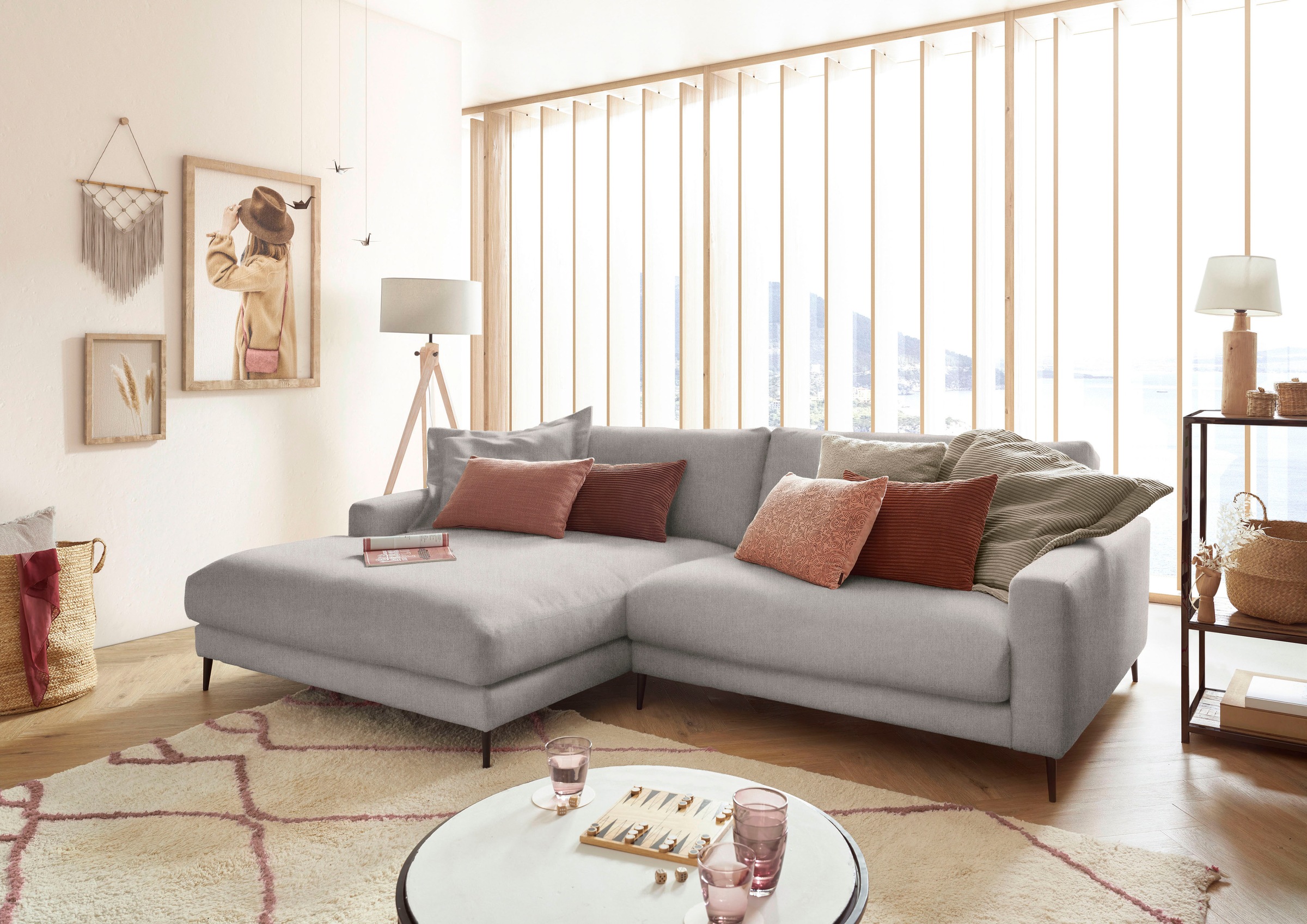 INOSIGN Ecksofa »Downtown, B/T/H: 272/190/84 cm L-Form«, weicher Sitzkomfort auch in Cord und Bouclé, incl. Zierkissen