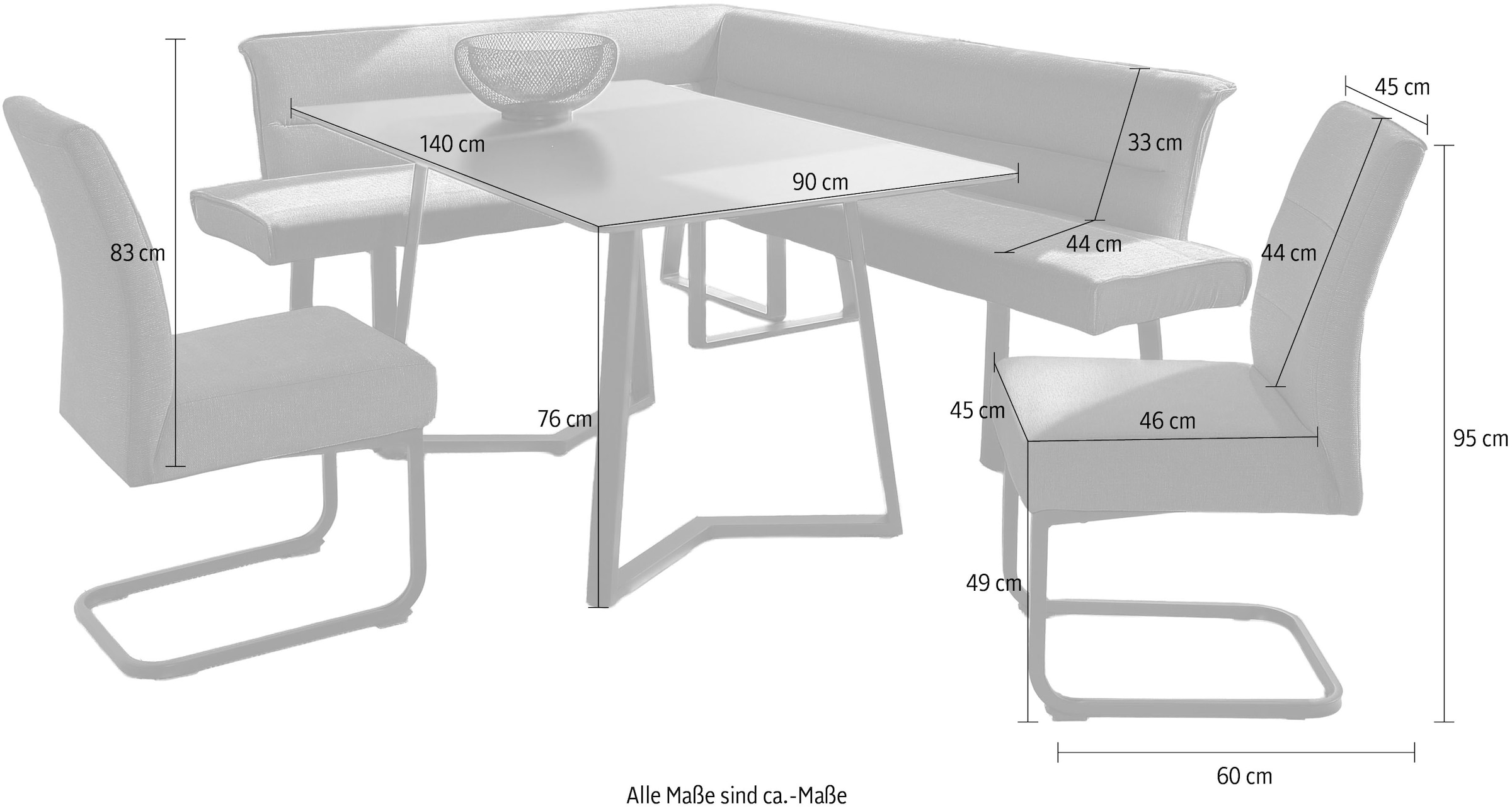 OTTO home Eckbankgruppe »(Set, 4-tlg. Tisch, Bank und 2 Stühle), Taschenfederkern« Tisch (140x90cm) schwarz, Bank und Stühle anthrazit oder beige