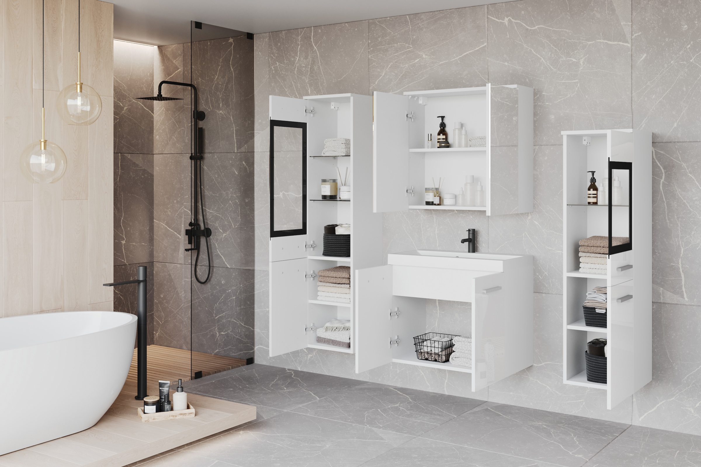 welltime Badmöbel-Set »MADRIT II, Schrank mit Waschbecken, 2 Hänger, Spiegelschrank«, (Komplett-Set, 5 St.), Hängende Badmöbel mit Glaseinsätzen – in vielen Farben erhältlich