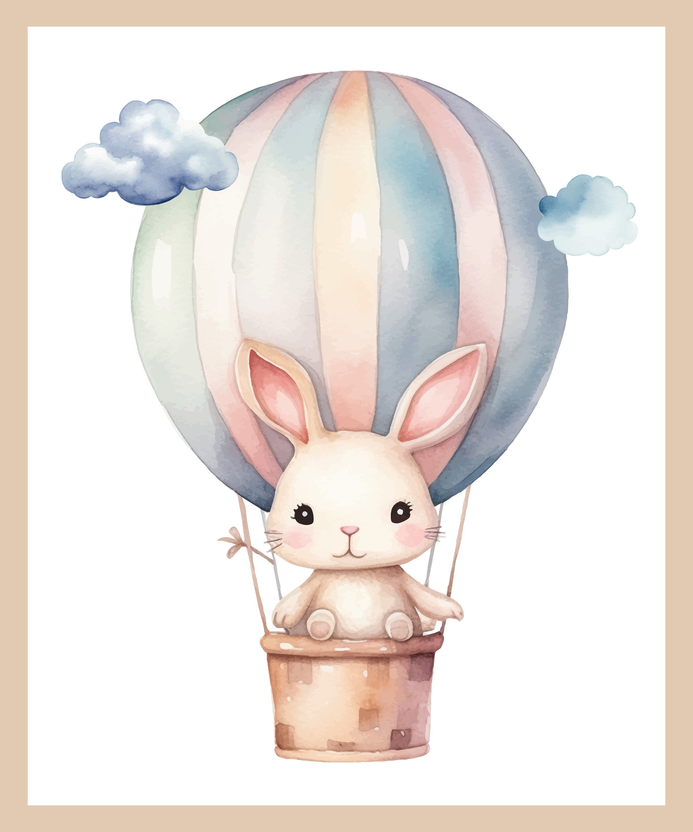 Lüttenhütt Bild mit Rahmen »Hase im Heißluftballon am Himmel«, Ballonfahren-Fantasy-Hase-Hasen-Heißluftballon-Tiere, (1 St.), Premium Rahmenbild, Motive in wunderschönen Pastelltönen