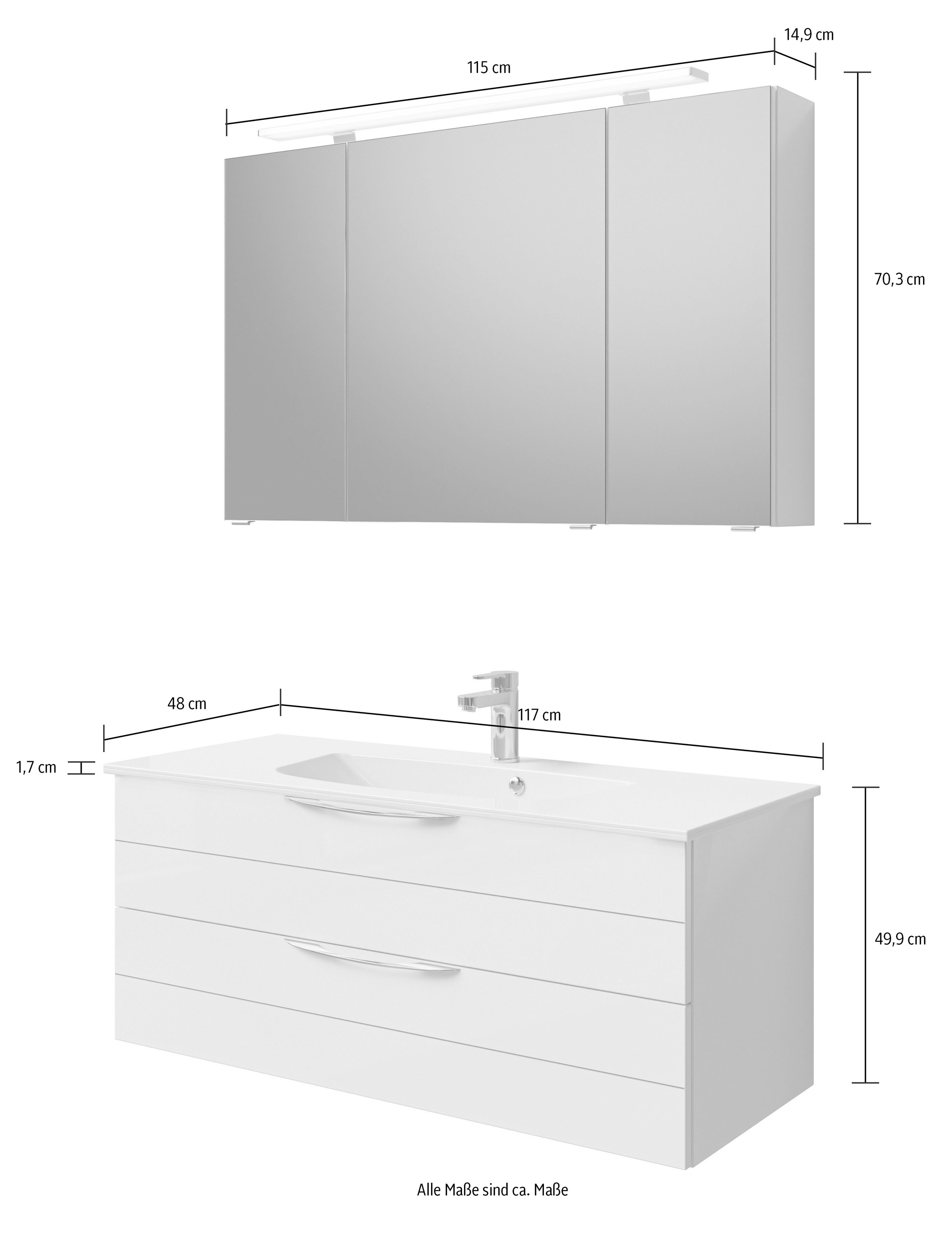 Saphir Badmöbel-Set »Serie 6025 2-teilig Mineralmarmor-Waschtisch mit LED-Spiegelschrank«, (2 St.), Waschplatz 117cm breit, 2 Schubladen, 3 Spiegel-Türen, inkl Türdämpfer