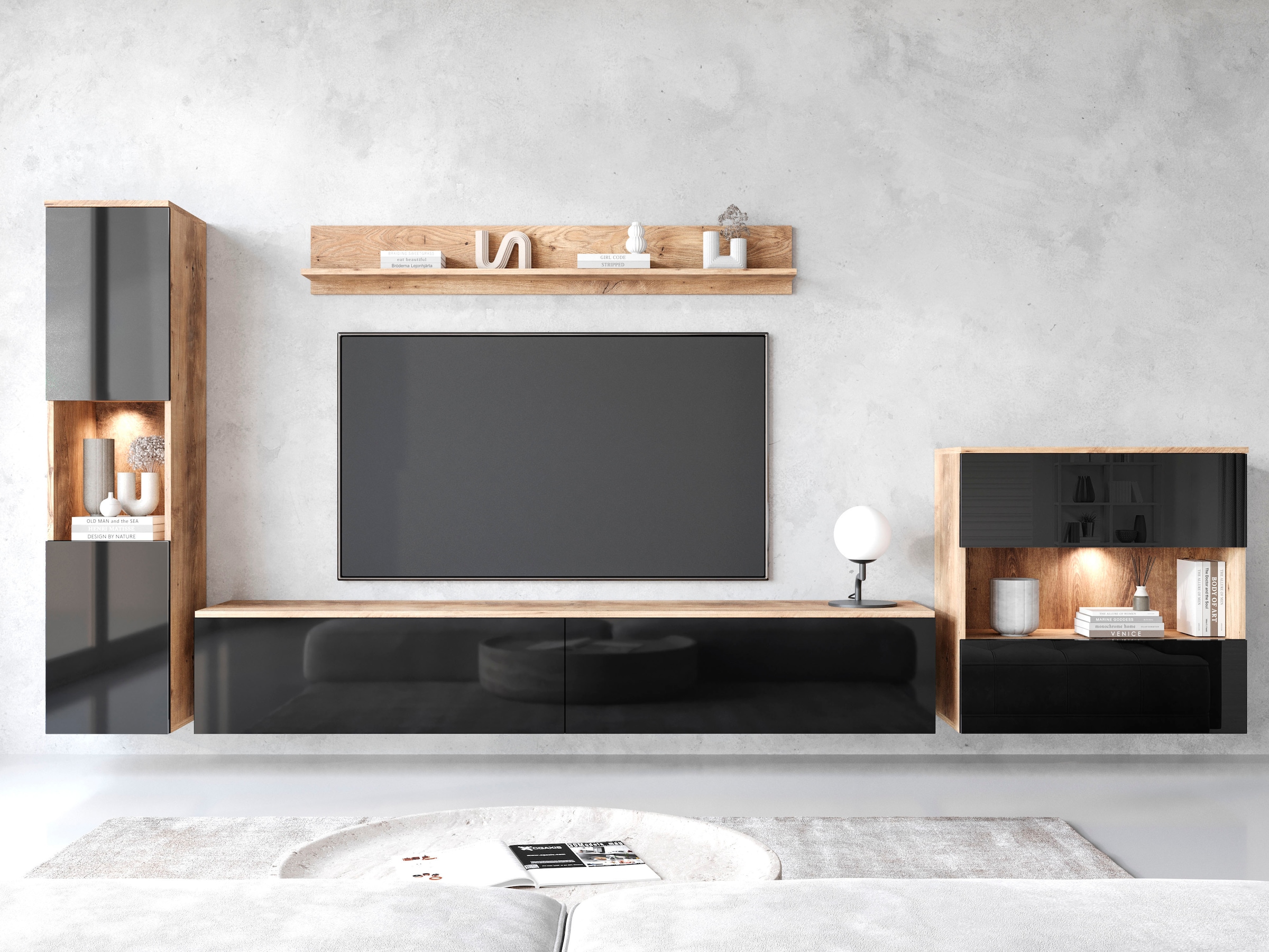 INOSIGN Wohnwand »PARIS«, (Komplett-Set, 4 St.), TV-Wand 300cm breite, grifflose Design, stehend und hängend montierbar