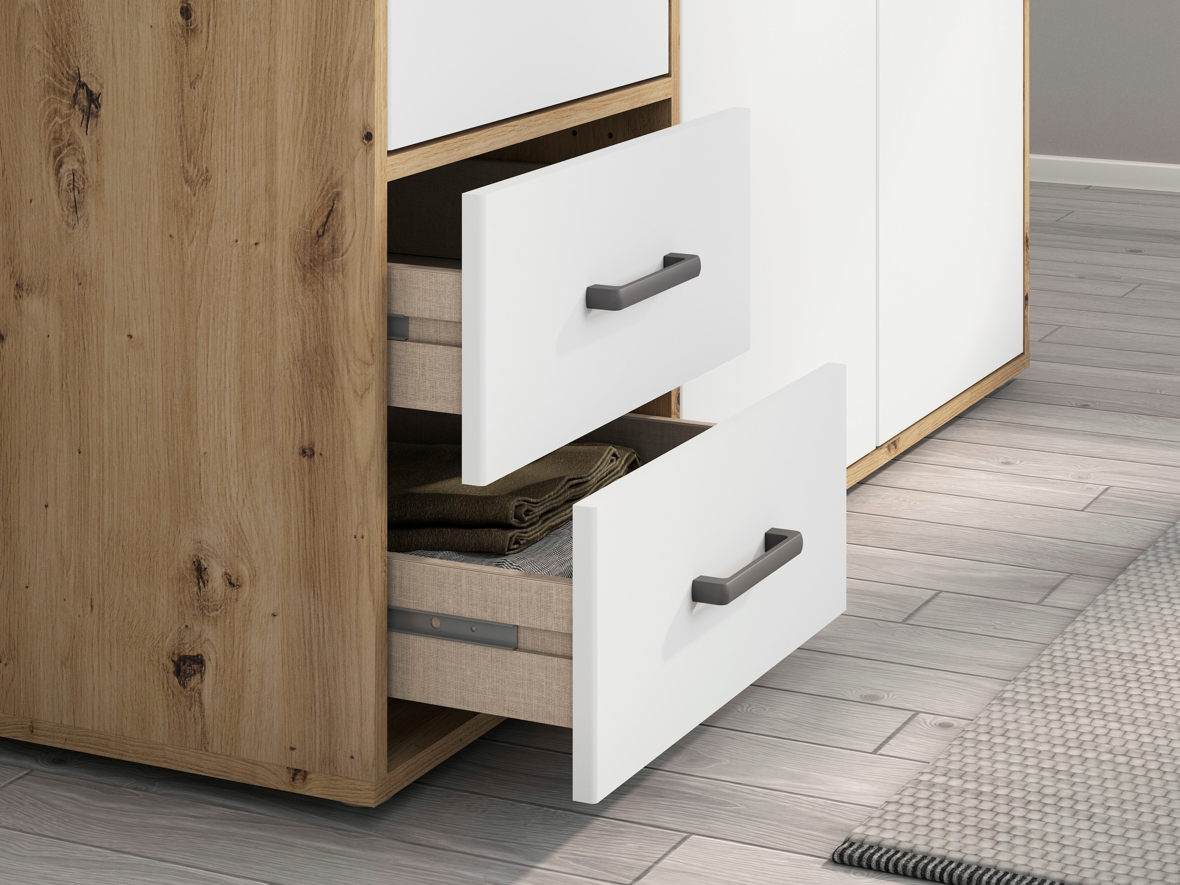rauch Drehtürenschrank »Voyager, Kleiderschrank mit Außenschubkästen, Garderobe«, (in 3 verschiedenen Ausstattungen BASIC/CLASSIC/PREMIUM), Made in Germany
