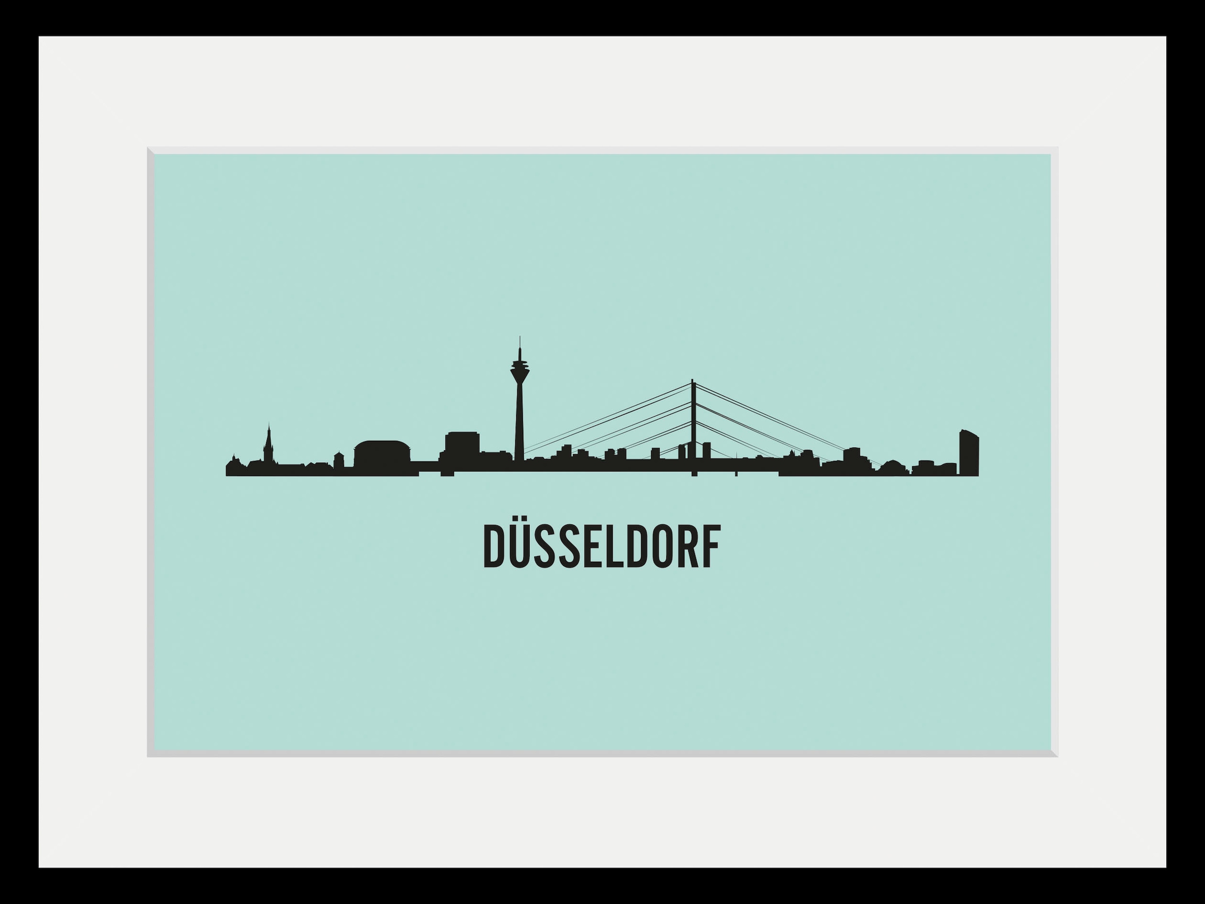 queence Bild »Düsseldorf Skyline«, Städte-Stadt-Deutschland-Gebäude-Schriftzug-Düsseldorf, (1 St.), HD Premium Poster-Druck inkl. Holzrahmen