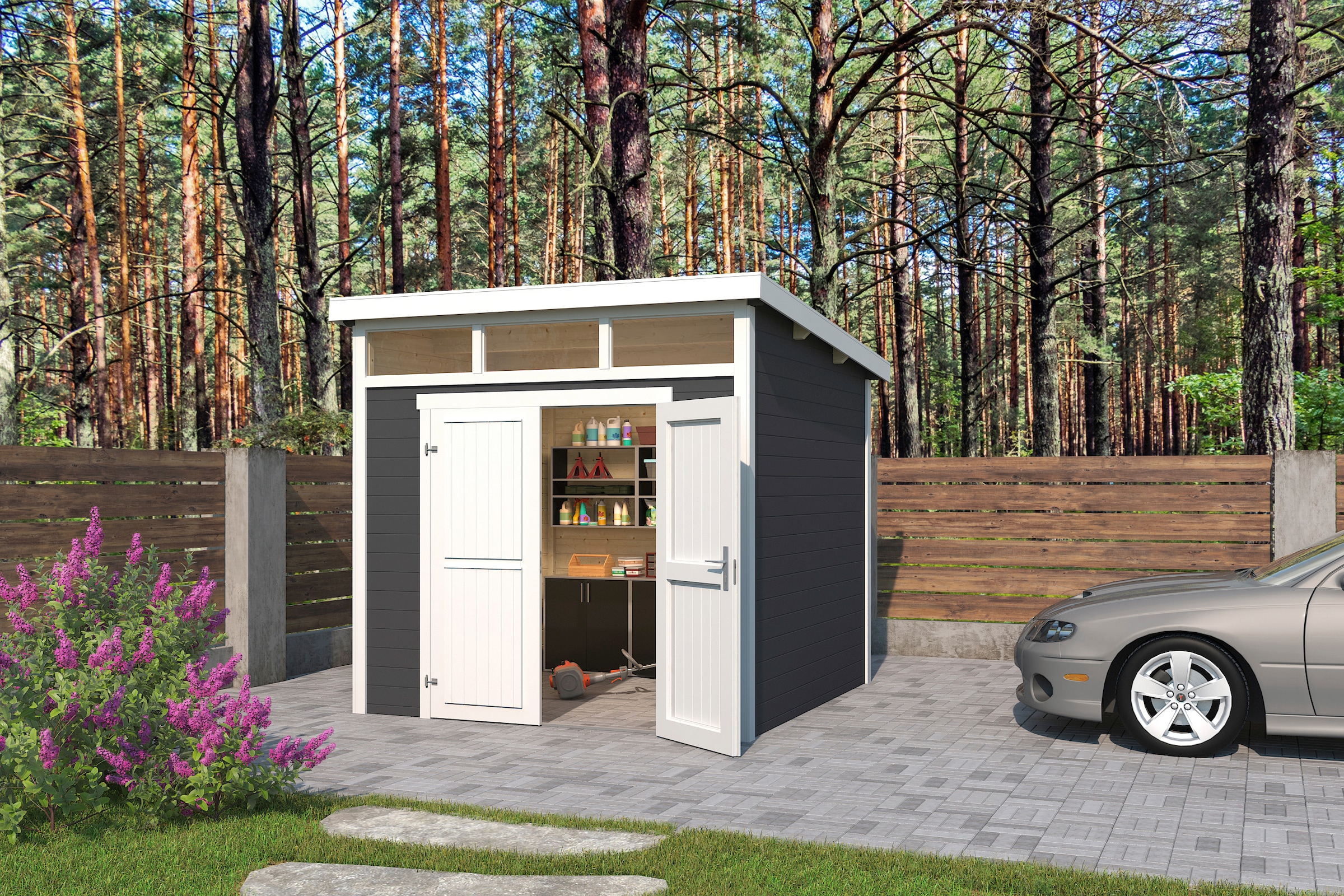 LASITA MAJA Gartenhaus »Kibo 3«, Blochbohlenhaus 28mm, Fundamentmass 2500x2500, Carbongrau