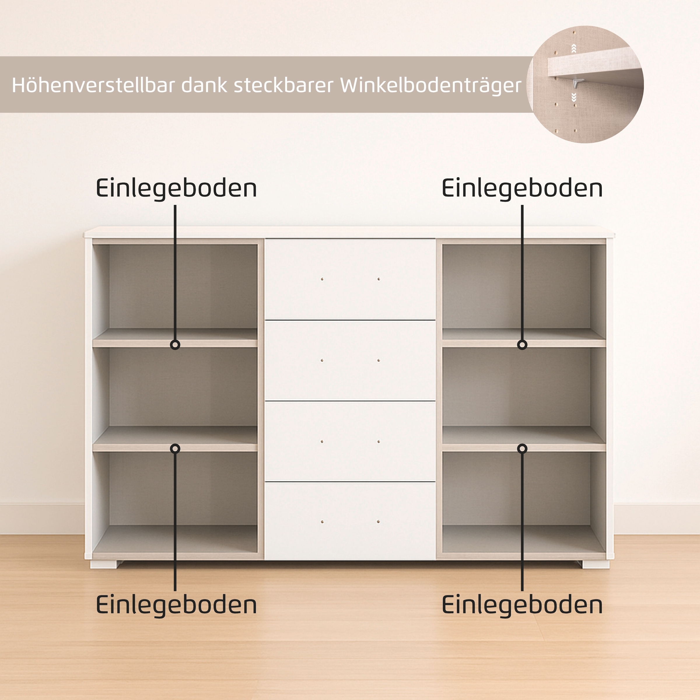 rauch Kombikommode »Sideboard Türkommode Schubladenkommode Kommode ASTANA« Breite 160 cm / Höhe 81 cm, mit 4 Einlegeböden,  2-türig, 4 geräumige Schubladen, Kantengriff Alufarben MADE IN GERMANY