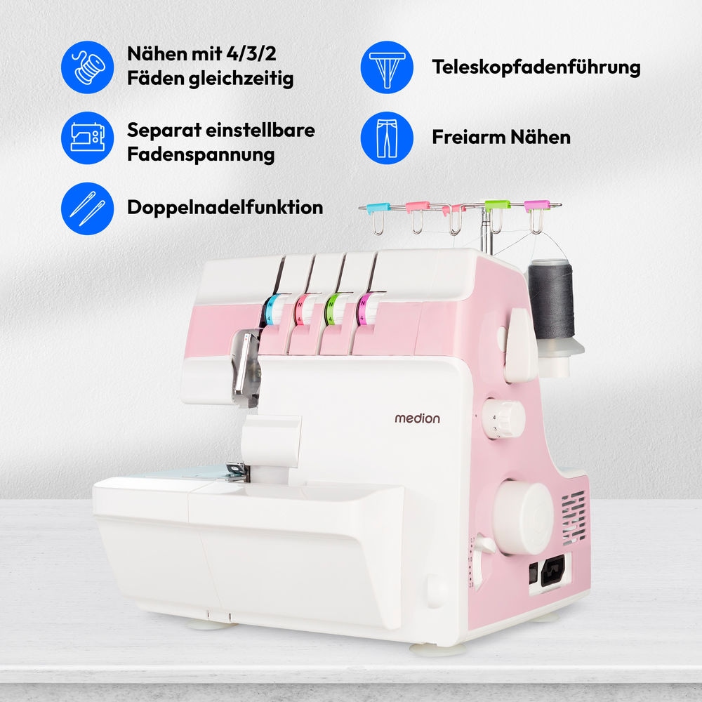 Medion® Overlock-Nähmaschine »MD 19169, Teleskopfadenführung, Zubehör- Fach,«, 4 Fäden gleichzeitig, Nähen mit 2 Nadeln, Einstellbare Fadenspannung