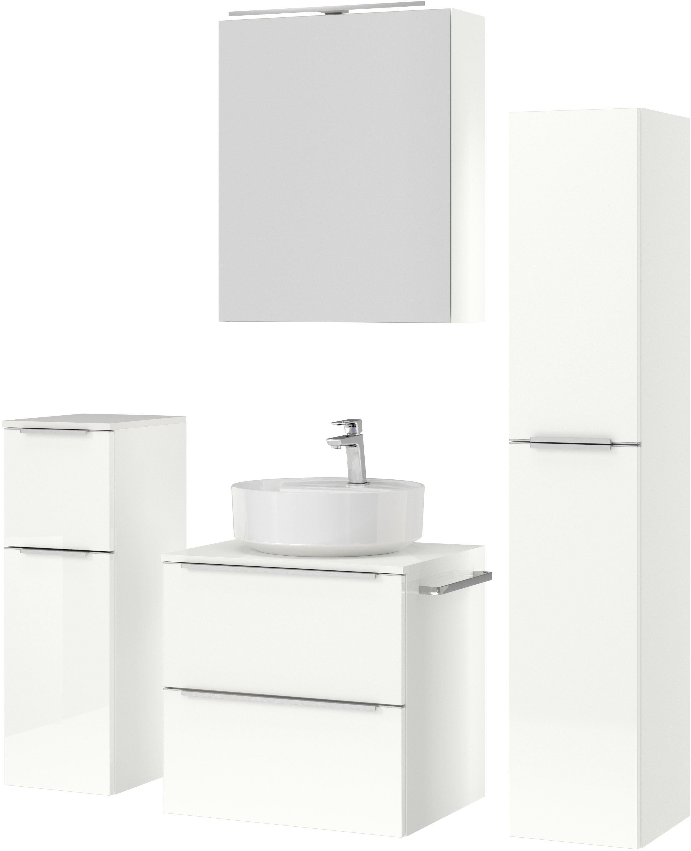 nobilia® Badmöbel-Set »Alvene«, (4 St., vormontiert, mit Soft-Close), inkl. Spiegelschrank mit Beleuchtung und Dimmerfunktion, in 4 Breiten