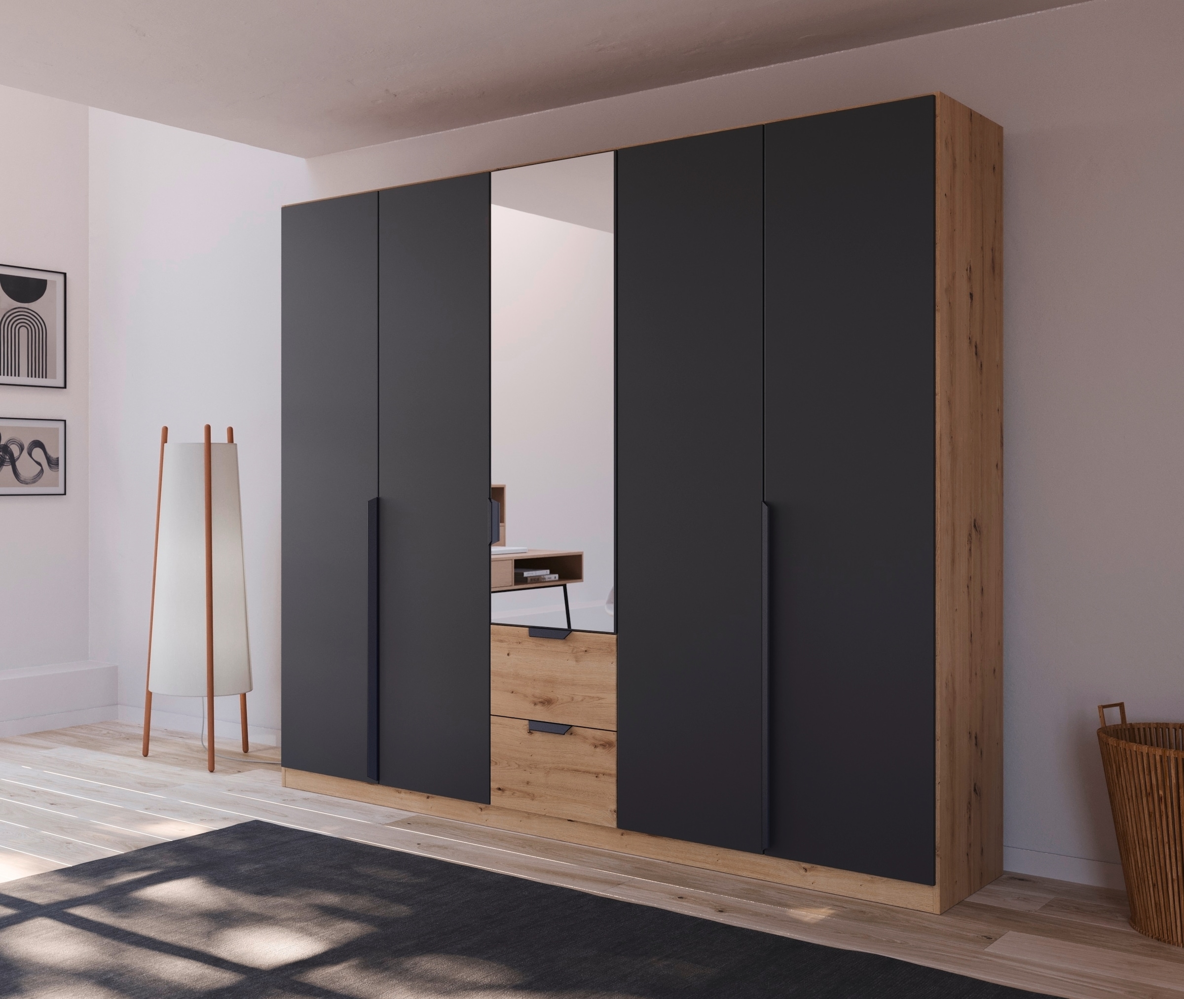 rauch Drehtürenschrank »Dark&Wood by Quadra Spin«, im Industrial Style mit Schubkästen in Eiche Dekor, mit Spiegel