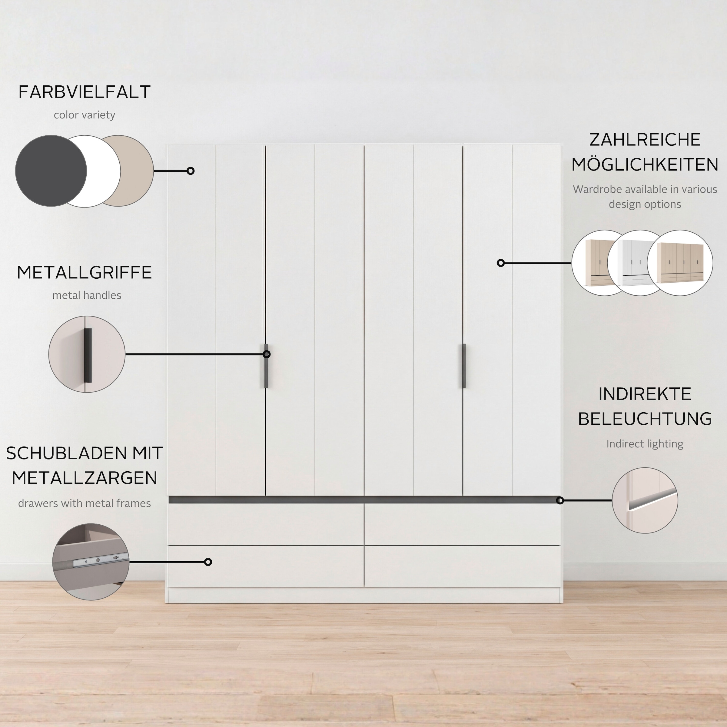 OTTO home Kleiderschrank »Schrank Garderobe ARVEN Breiten 181/226/271cm« 3 verschiedene Ausstattungen BASIC/CLASSIC/PREMIUM (inkl. SOFT-CLOSE),  puristisches Design in Plankenoptik mit Metallgriffen MADE IN GERMANY