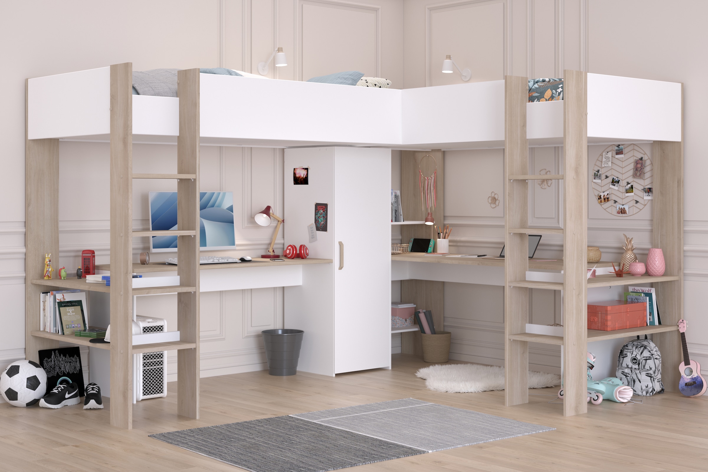 Parisot Hochbett »Alex, für 2 Kinder! Maximaler Stauraum, 2 Schreibtische«, günstig online kaufen