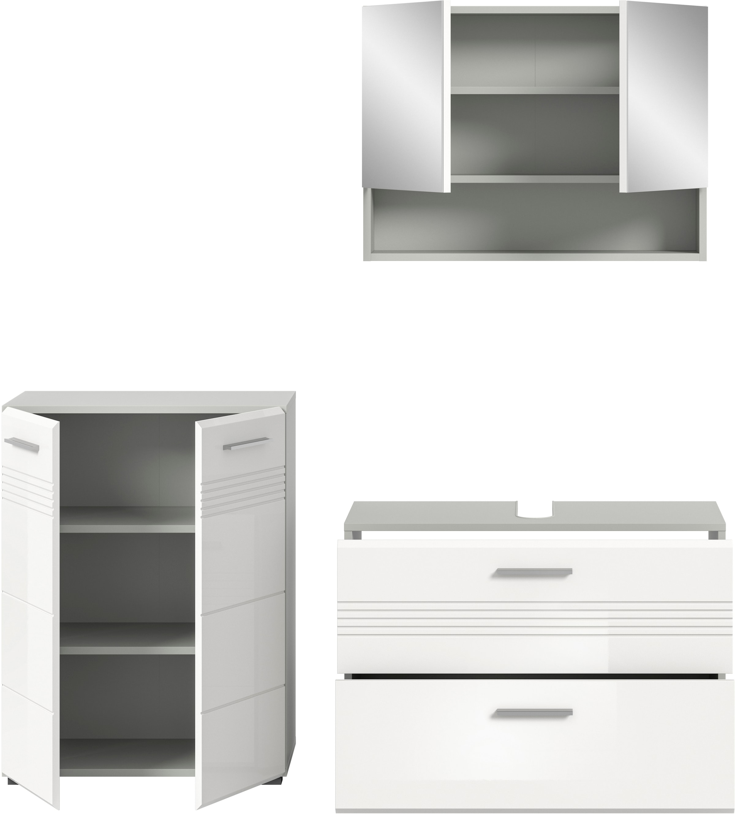 welltime Badmöbel-Set »Calicio, bestehend aus: Midischrank, Waschbeckenunterschrank,«, (3 St.), Spiegelschrank, hochwertige MDF Front mit Rillenfräsung