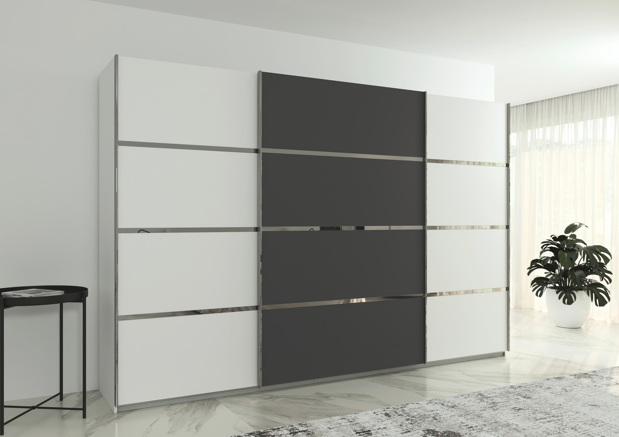 rauch Kleiderschrank »Schwebetürenschrank Garderobe Schrank TOP ANGEBOT Avola«, (in 3 verschiedenen Ausstattungen BASIC/CLASSIC/PREMIUM), mit eleganten Zierleisten in Chrom, Schwarz oder Weiß MADE IN GERMANY