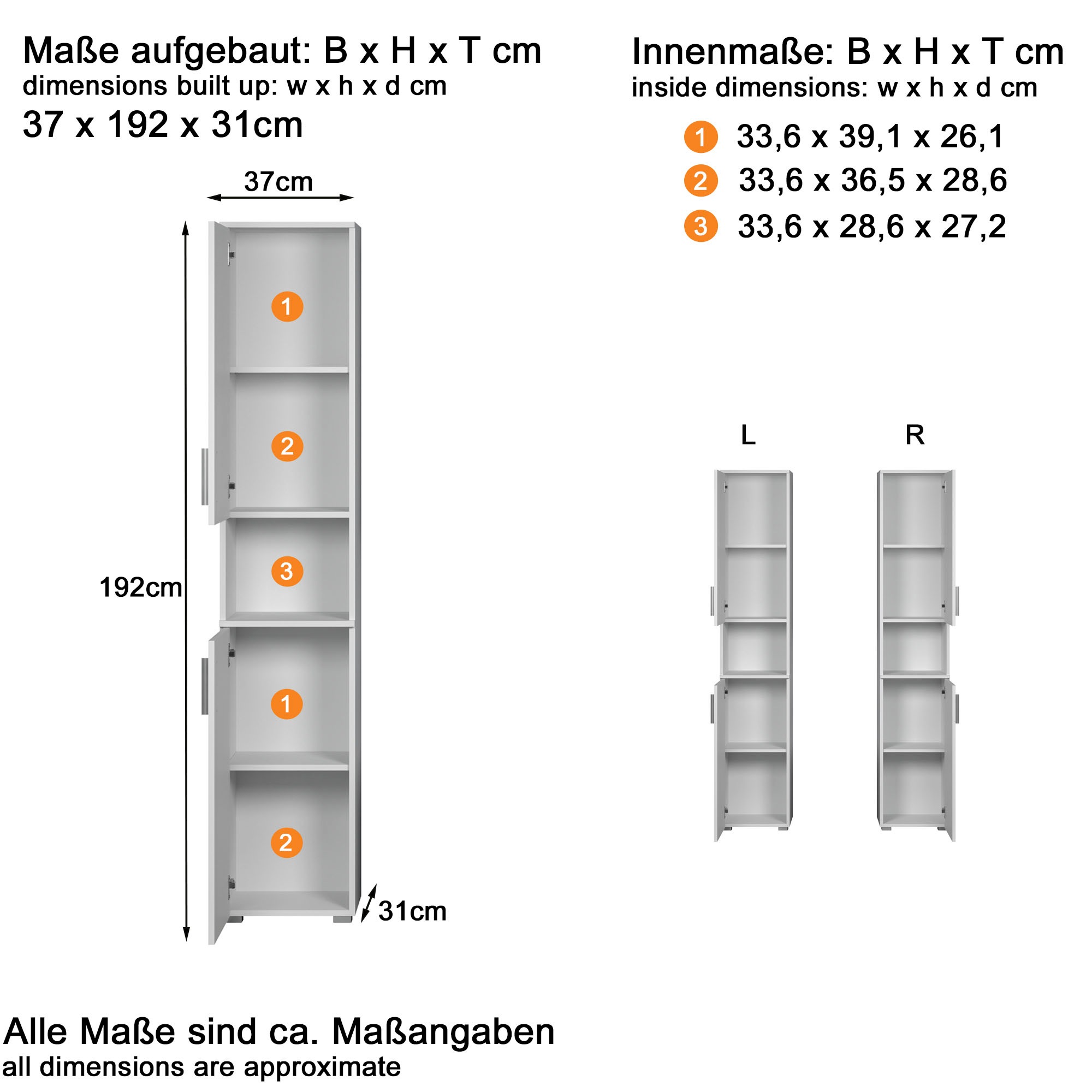 welltime Hochschrank »Prag«, (1 St.), Hochschrank mit 2 Türen & 1 Fach - (B/T/H) 37/31/192 cm