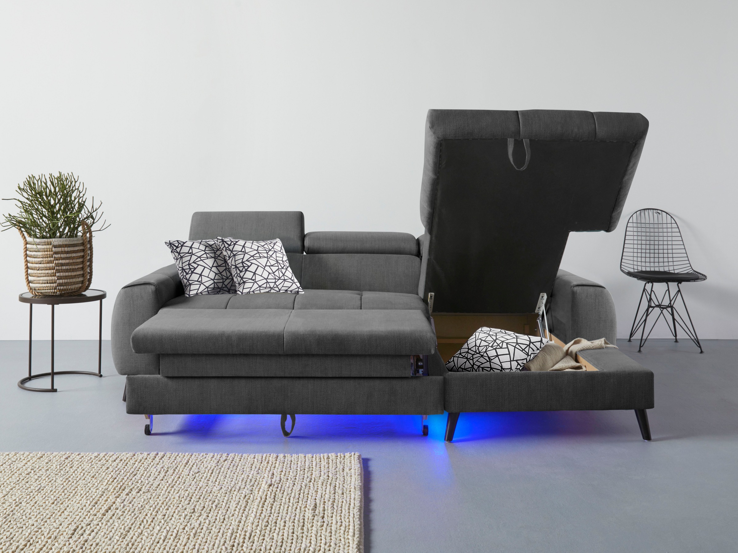COTTA Ecksofa »Mia L-Form mit 3 Zierkissen«, wahlweise mit Bettfunktion, Bettkasten, Beleuchtung & Wireless-Charger